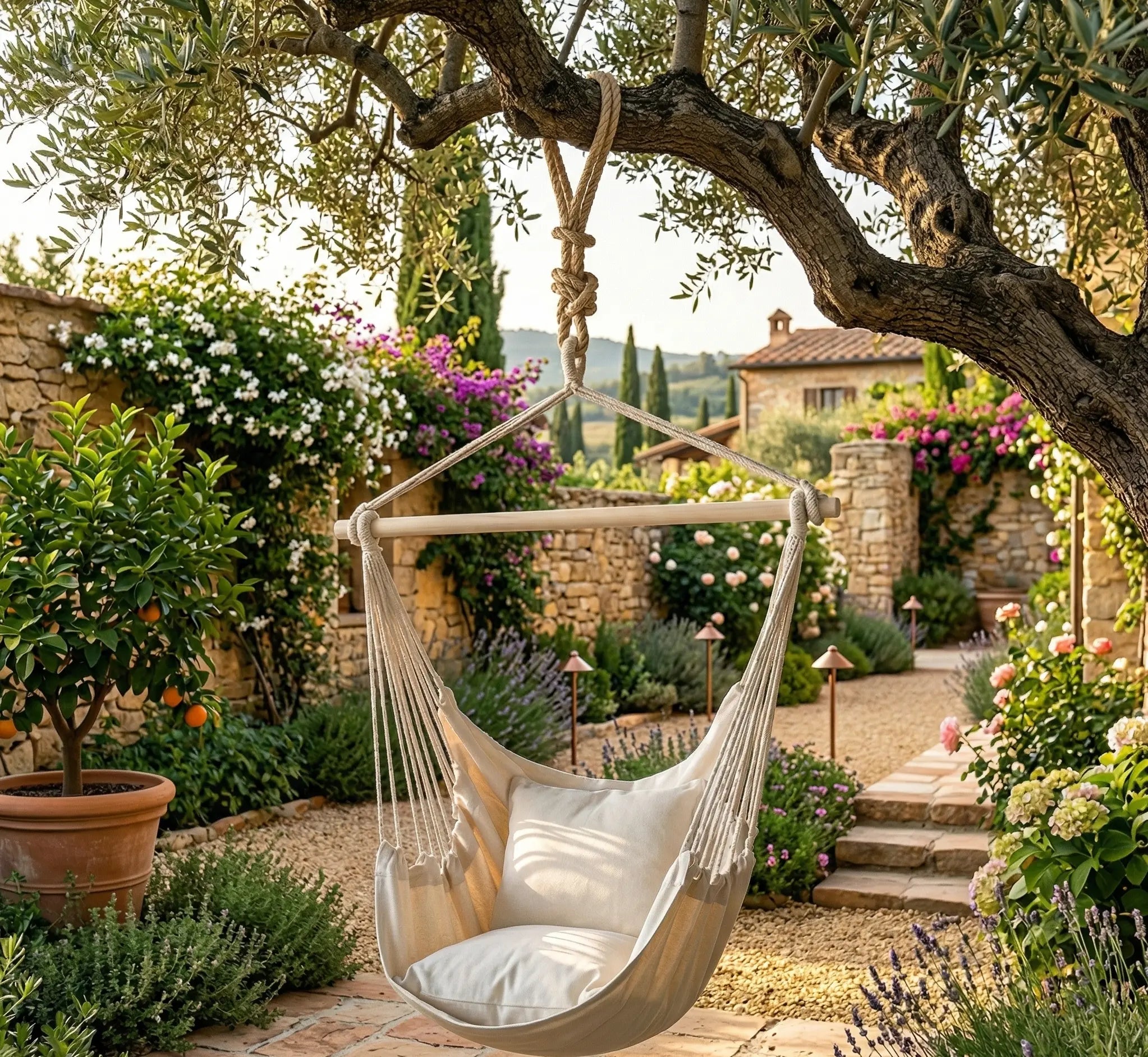 Chaise hamac suspendue en toile beige avec deux coussins moelleux et barre en bois installé dans un jardin verdoyant et fleuri avec mur en pierre en arrière-plan