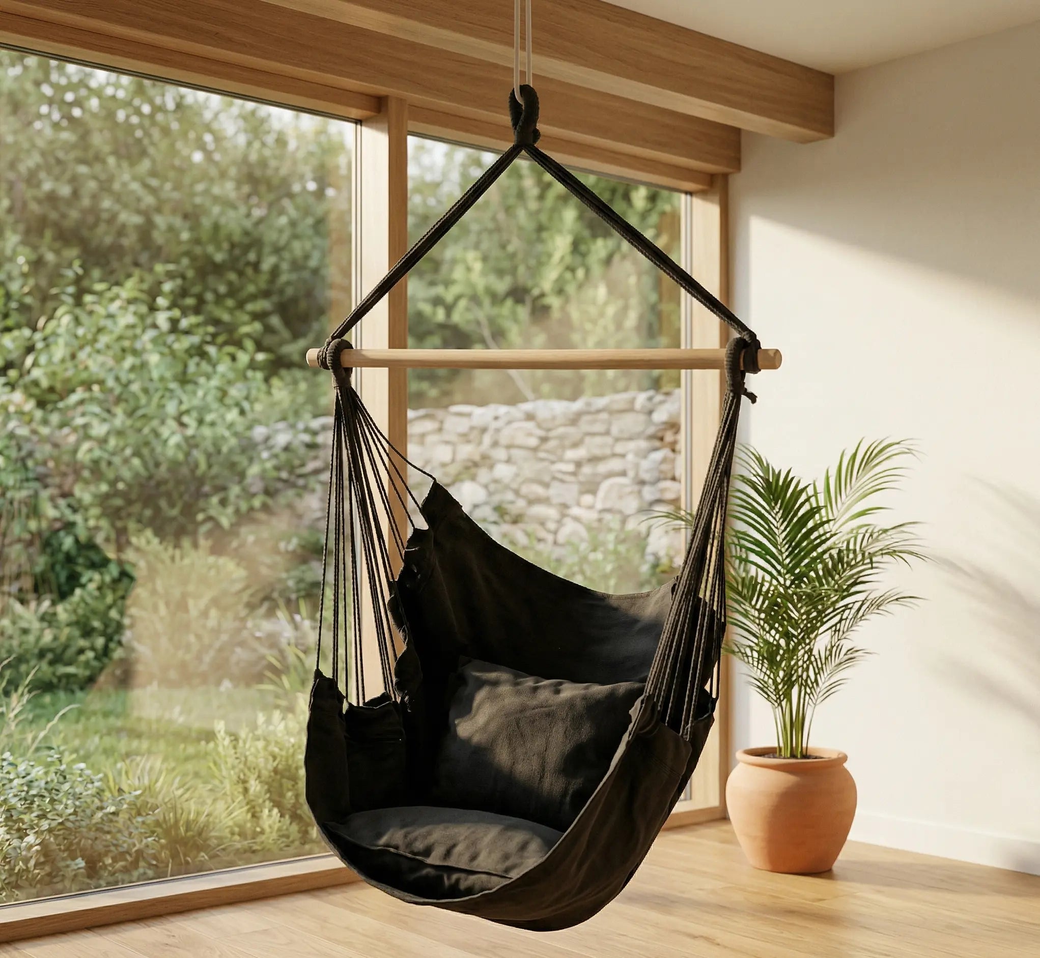 Chaise hamac suspendue noire avec coussins installée dans un salon moderne lumineux avec parquet en bois, grande baie vitrée vue sur jardin et plante verte décorative