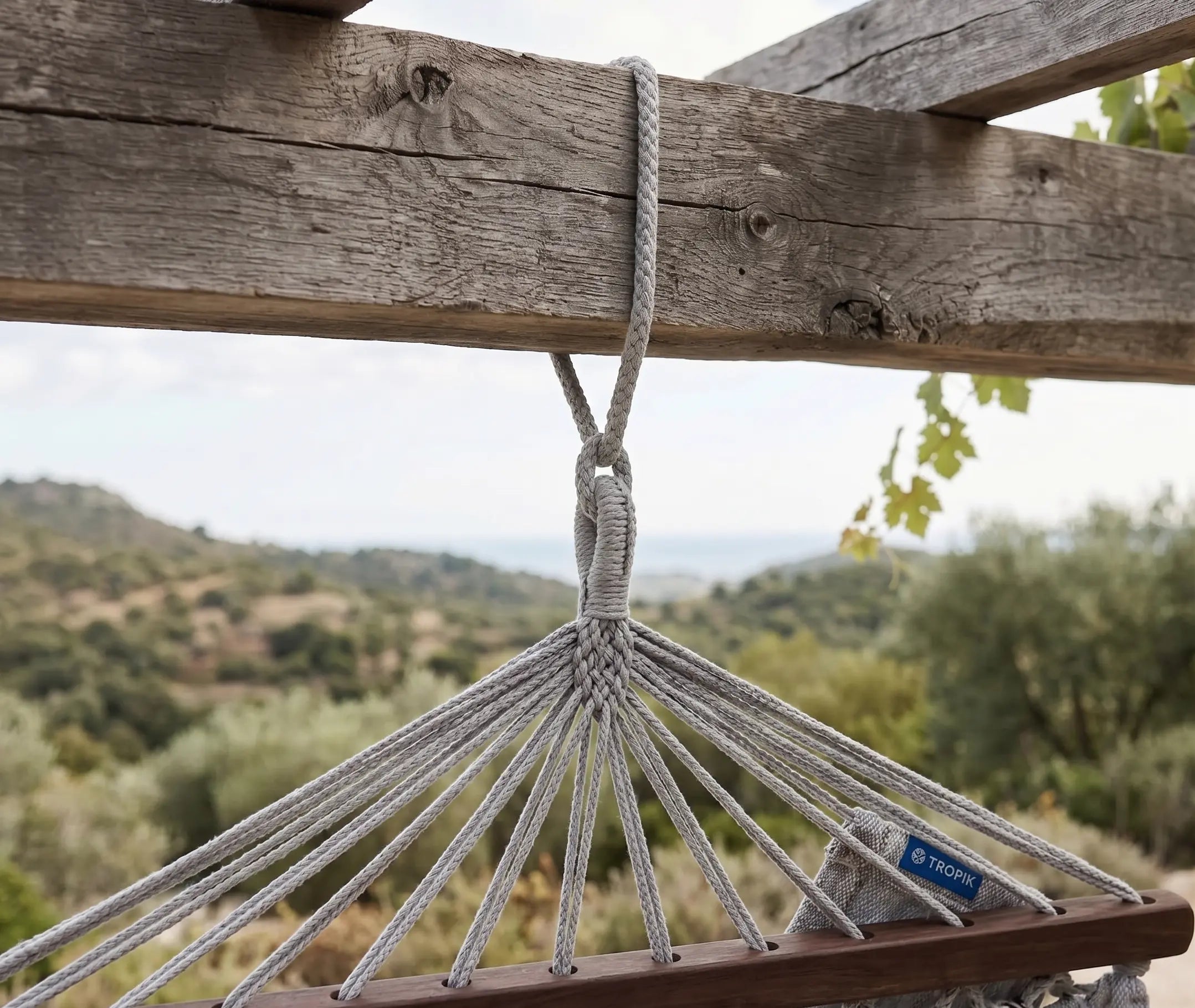Chaise hamac en toile grise avec barre d'écartement en bois clair et multiples cordages blancs tressés, suspendue par un crochet métallique à un anneau, isolée sur fond blanc pour un style épuré et moderne.