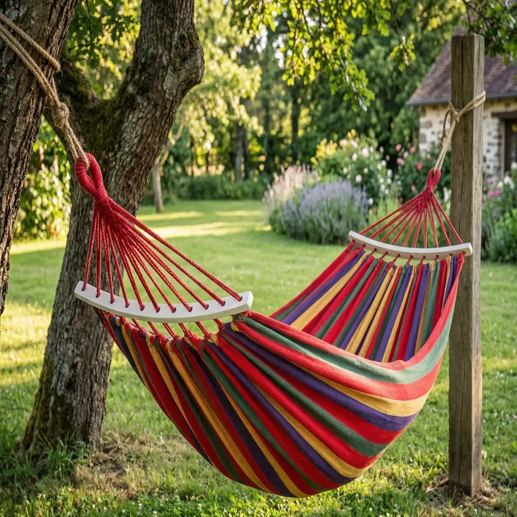 Gros plan sur la boucle de suspension renforcée et les cordes tressées en coton rouge d'un hamac multicolore haut de gamme.