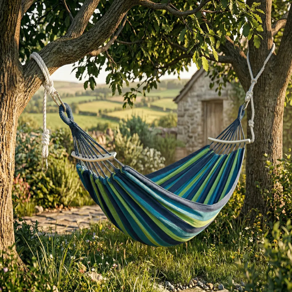 Gros plan sur la boucle de suspension renforcée en coton tressé bleu marine et les cordes d'un hamac aux couleurs lagon.