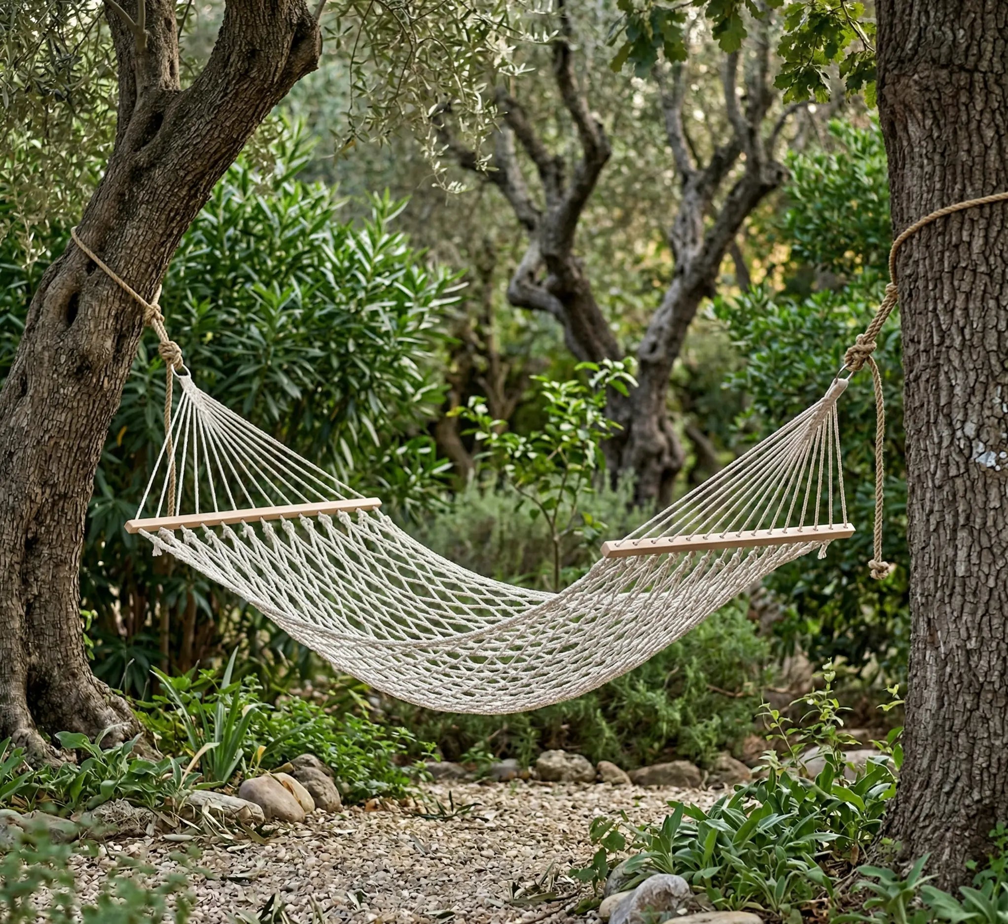 Gros plan sur les nœuds complexes et le tressage artisanal en macramé tressé à la main, avec la barre d'écartement en bois clair, d'un hamac de luxe en coton écru, montrant la solidité et la qualité des finitions.