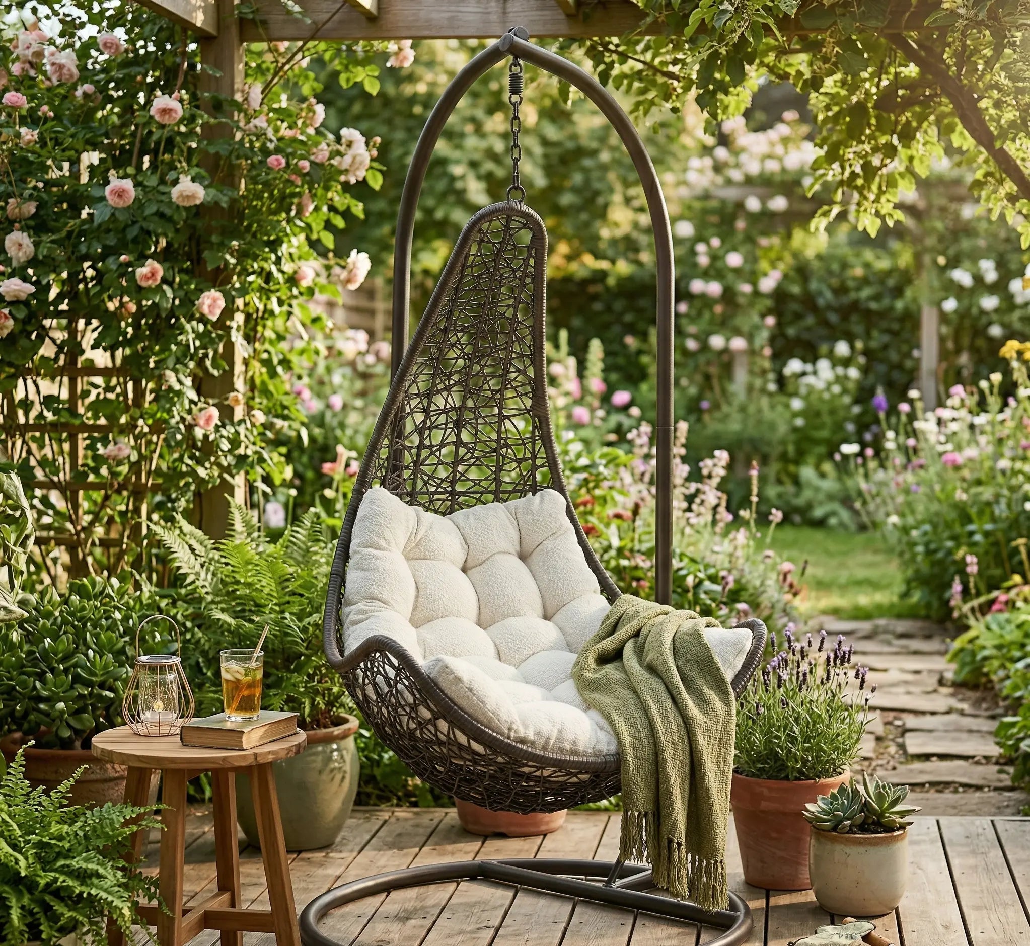 Fauteuil œuf suspendu en résine tressée marron de forme goutte d'eau avec grand coussin blanc capitonné, suspendu à un support en métal noir dans un jardin verdoyant et ensoleillé