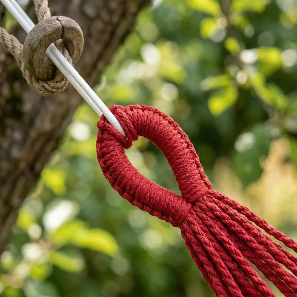 Vue d'un hamac de jardin XL aux rayures arc-en-ciel, suspendu entre un arbre robuste et un support en bois dans un jardin ensoleillé.