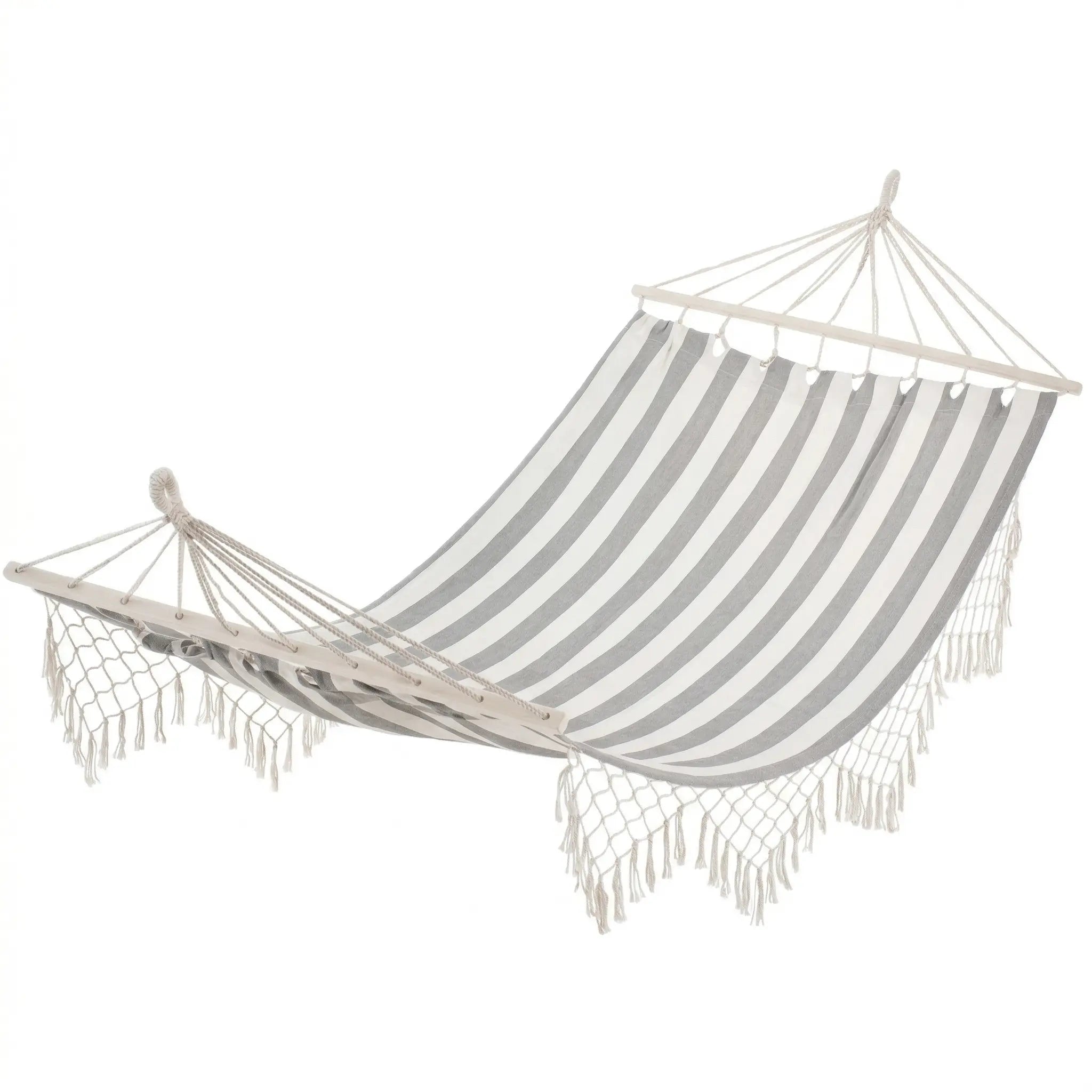 Grand hamac à barres d'écartement en bois avec toile à rayures gris et blanc, bordé de franges et pompons en macramé artisanal sur fond blanc.