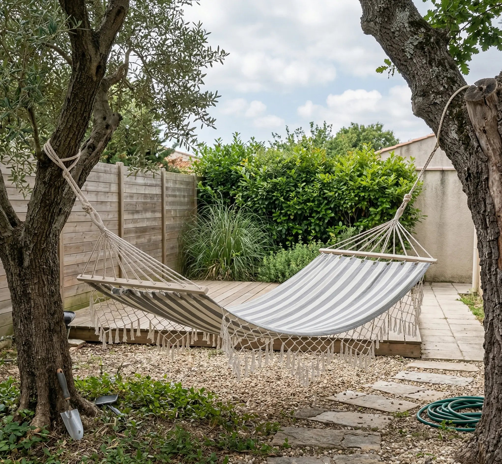 Ambiance détendue avec un grand hamac à barres d'écartement en bois massif et toile à rayures gris et blanc, orné de larges bordures en macramé tressées à la main, suspendu entre deux arbres dans un jardin verdoyant et ensoleillé.