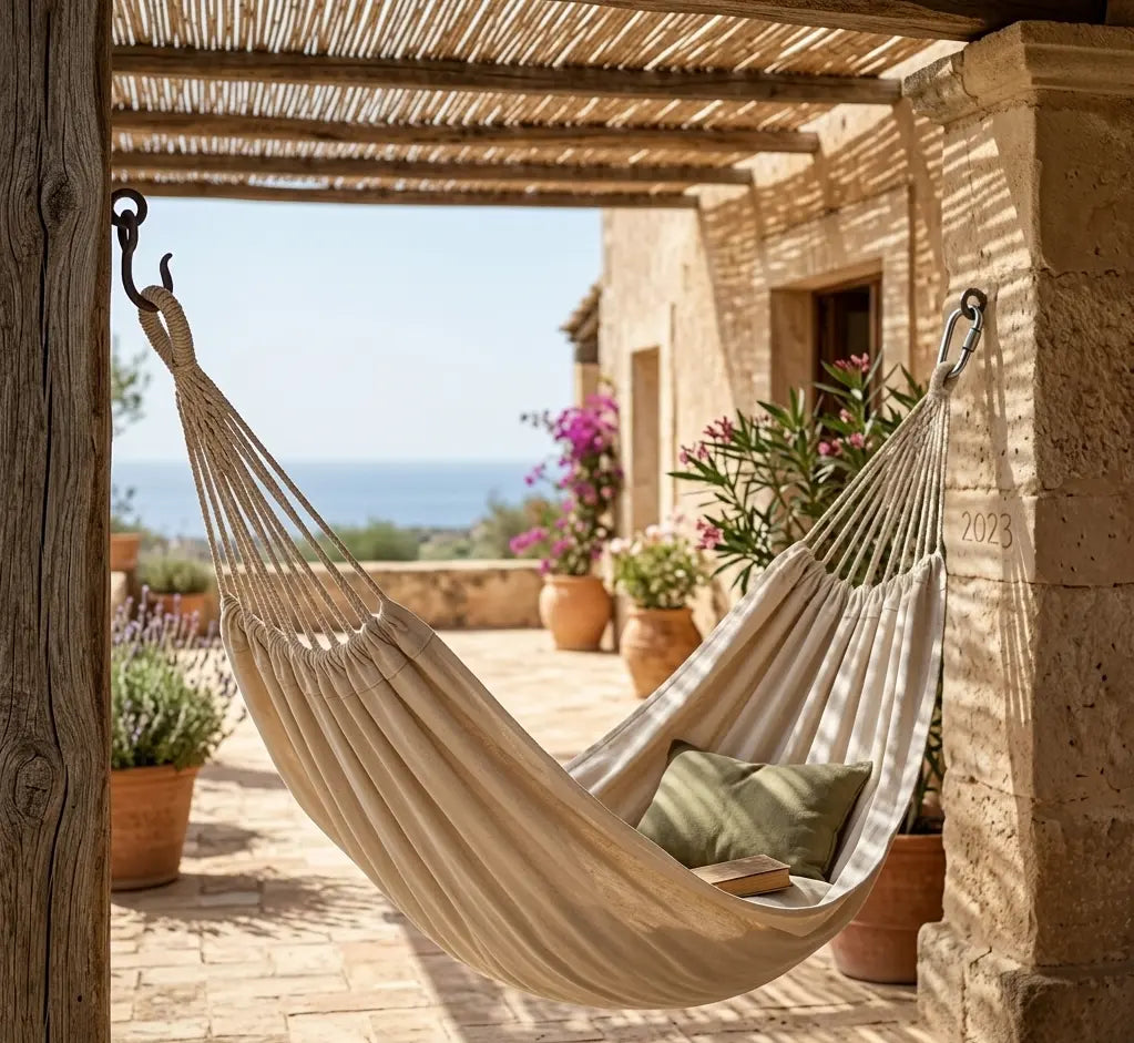 Un grand hamac brésilien en coton écru naturel suspendu entre deux arbres robustes dans un jardin paysager avec vue sur la campagne.