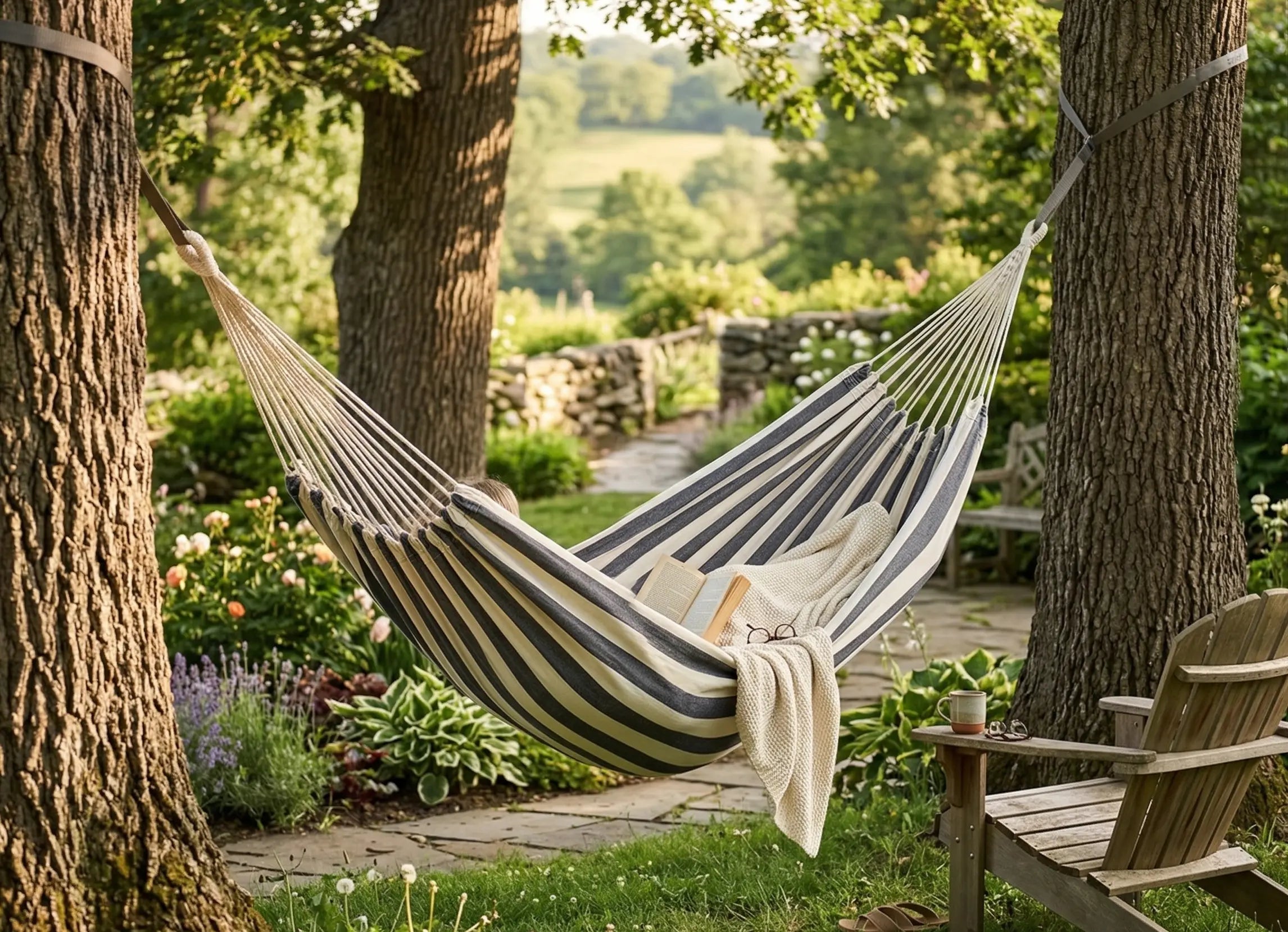 Ambiance cocooning avec un hamac brésilien gris et crème suspendu entre deux arbres dans un jardin fleuri, avec un livre et un plaid pour une pause lecture.