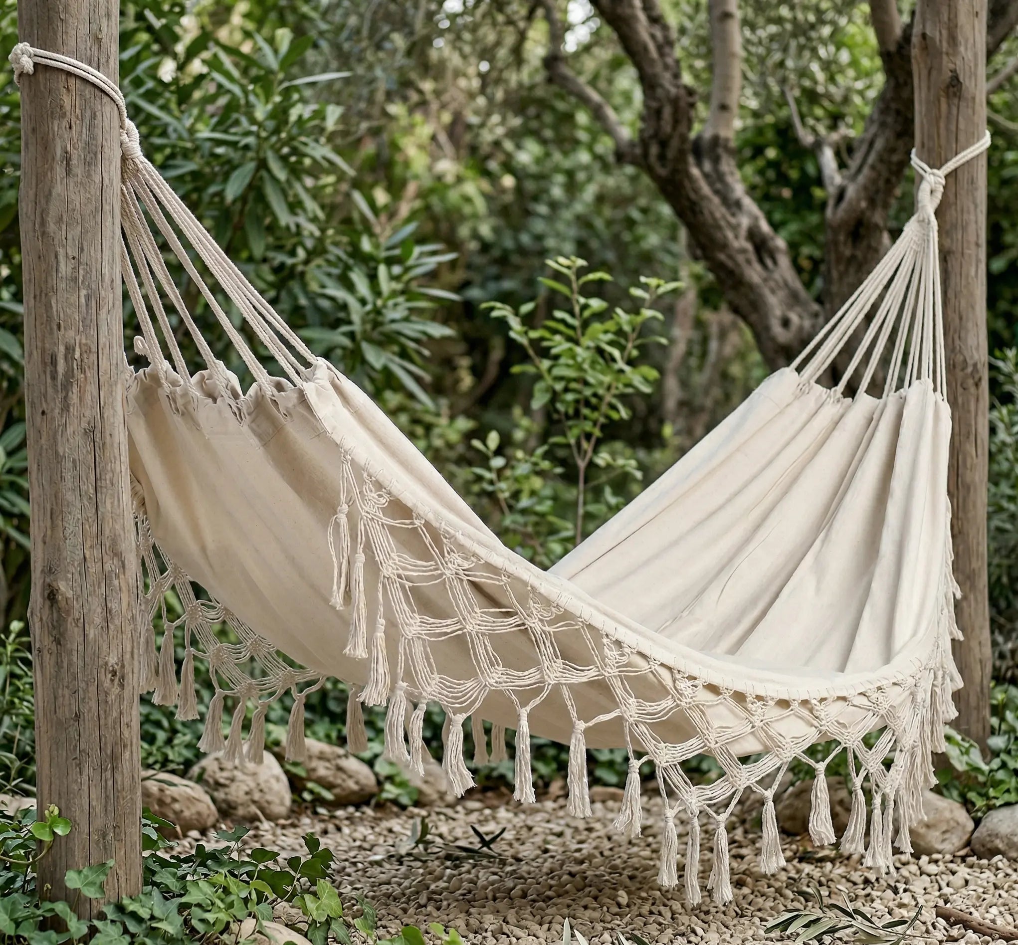 Vue d'ensemble d'un grand hamac brésilien en coton écru naturel avec de larges bordures en macramé tressées à la main, suspendu entre deux arbres robustes dans un jardin paysager.