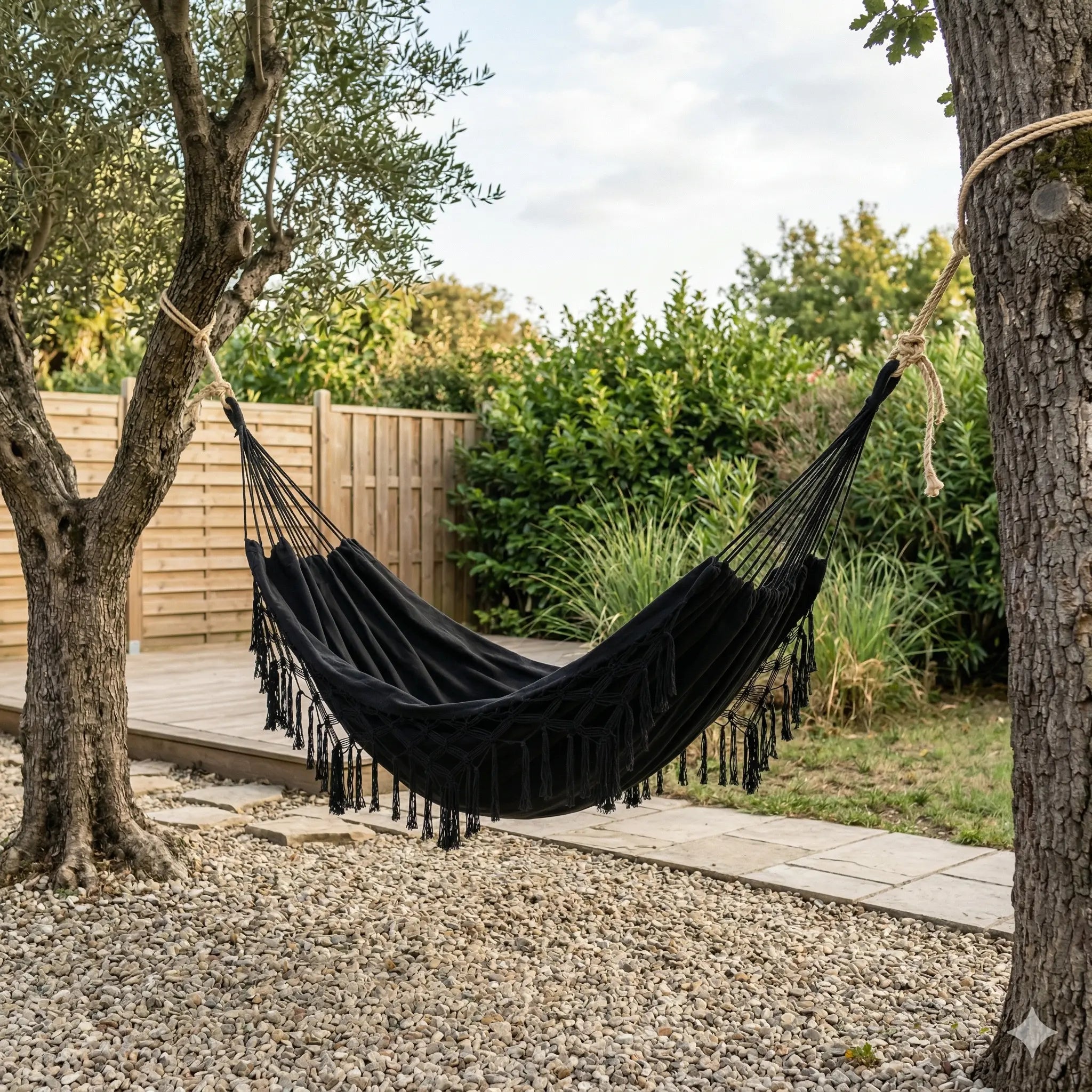 Vue d'ensemble d'un grand hamac brésilien en coton noir intense avec de larges bordures en macramé tressées à la main, suspendu entre deux arbres robustes dans un jardin paysager.