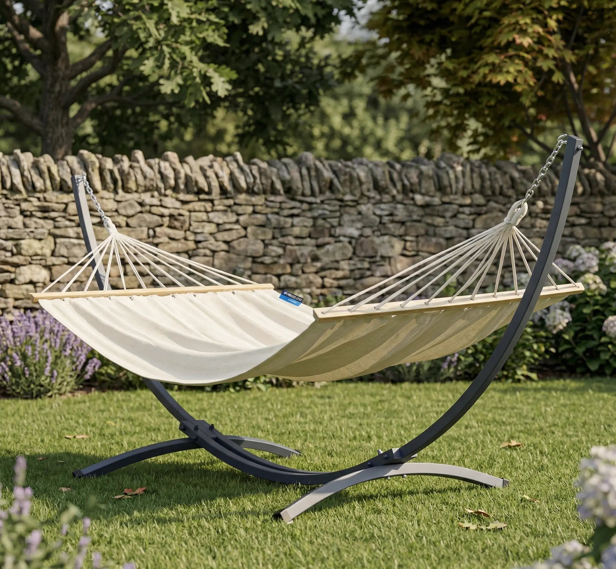 Hamac haut de gamme avec support courbé en arc anthracite et toile crème tendue par des barres en bois naturel installé sur une terrasse en dalles de pierre dans un jardin paysager ombragé