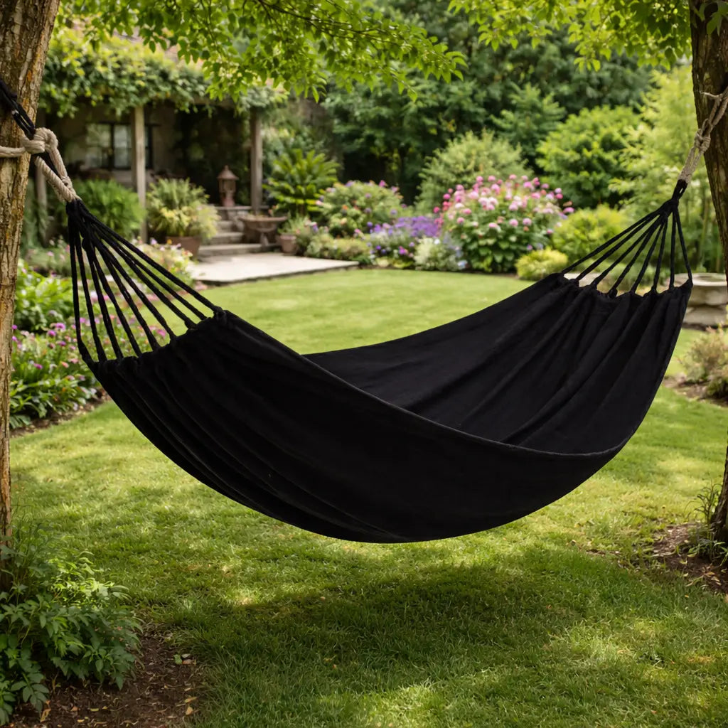 Ambiance moderne avec un grand hamac brésilien en coton noir suspendu entre deux arbres robustes dans un jardin verdoyant.