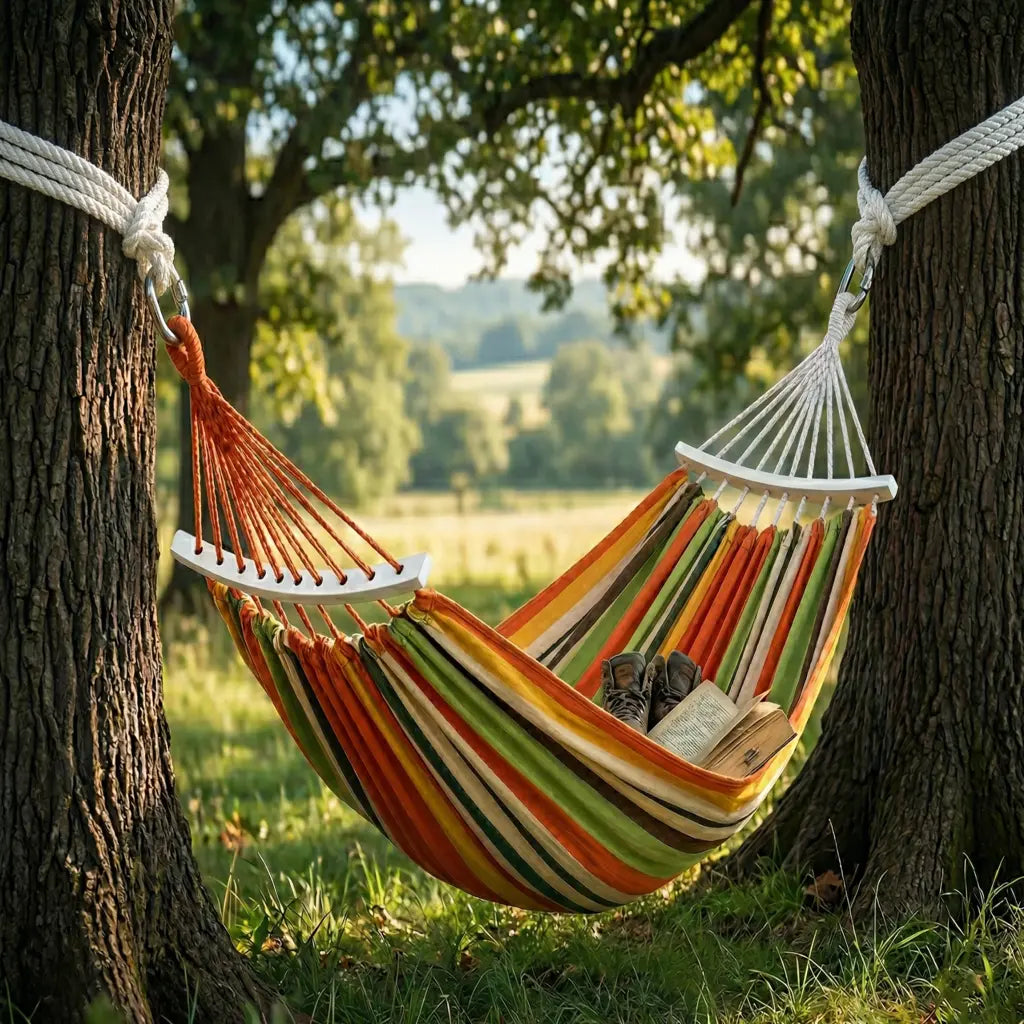 Mise en situation d'un hamac de jardin XL aux rayures orange jaune vert et marron suspendu entre un arbre robuste et un support en bois dans un grand jardin ensoleillé.