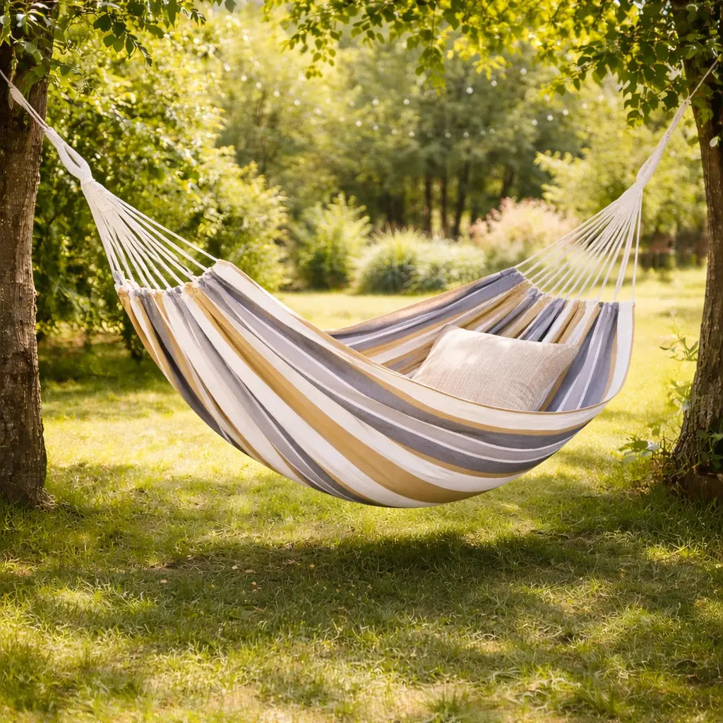 Ambiance moderne avec un grand hamac brésilien en coton à rayures verticales gris jaune moutarde et blanc suspendu entre deux arbres robustes dans un jardin paysager.