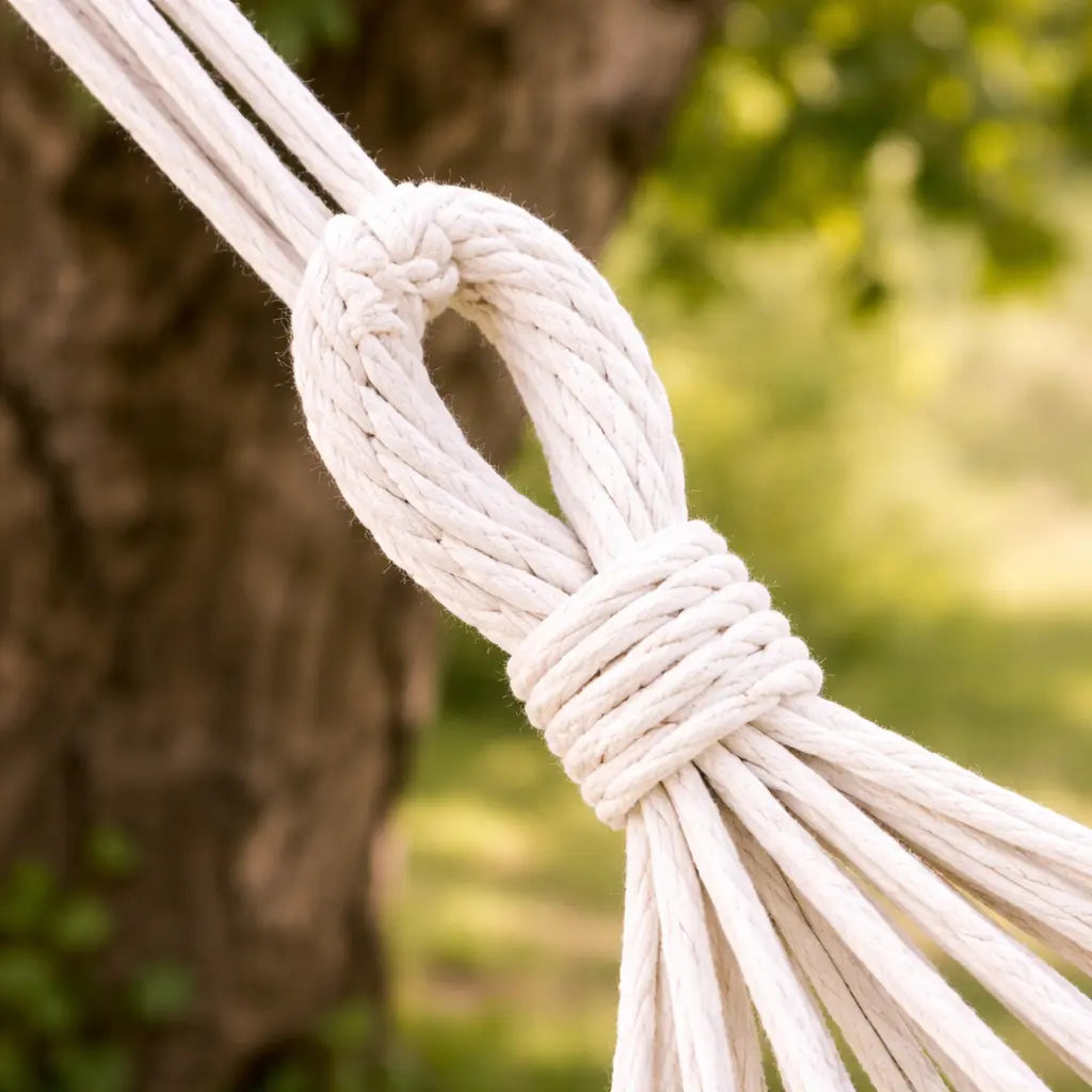 Un grand hamac brésilien en coton à rayures verticales gris jaune moutarde et blanc suspendu entre deux arbres robustes dans un jardin paysager avec vue sur la campagne.