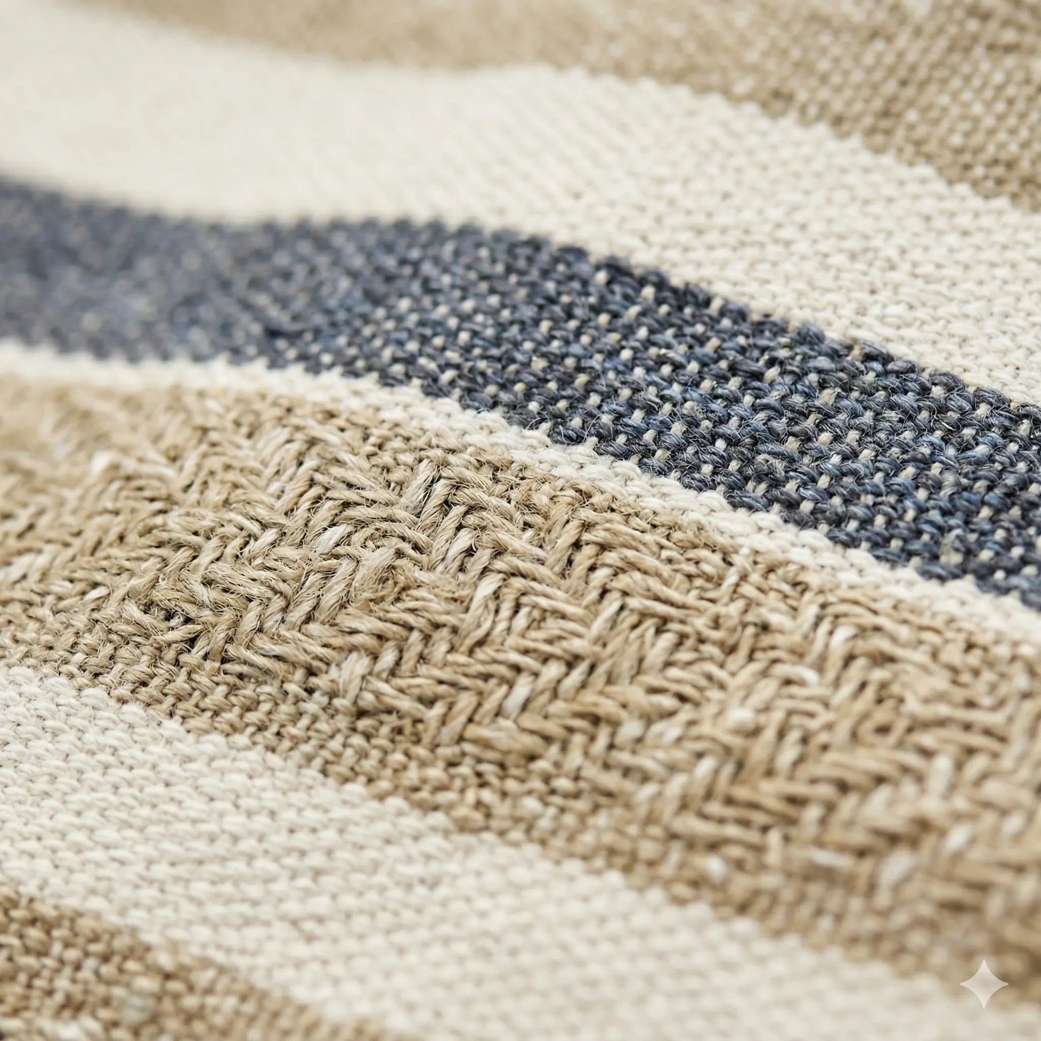 Vue macro haute précision du grain de tissage d'un hamac en coton naturel haute densité montrant l'entrelacement des fibres beige sable et gris anthracite