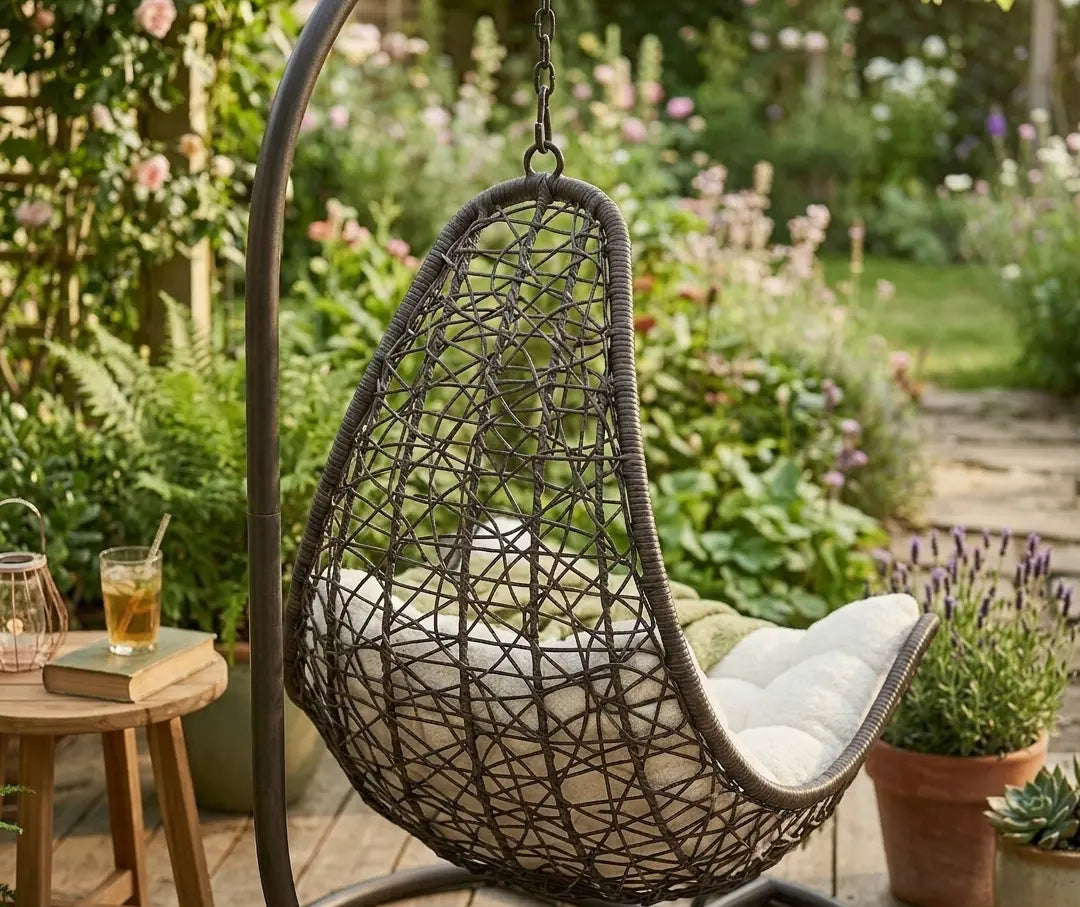 Chaise hamac suspendue en toile beige avec deux coussins moelleux et barre en bois installé dans un jardin verdoyant et ensoleillé avec plantes luxuriantes en arrière-plan