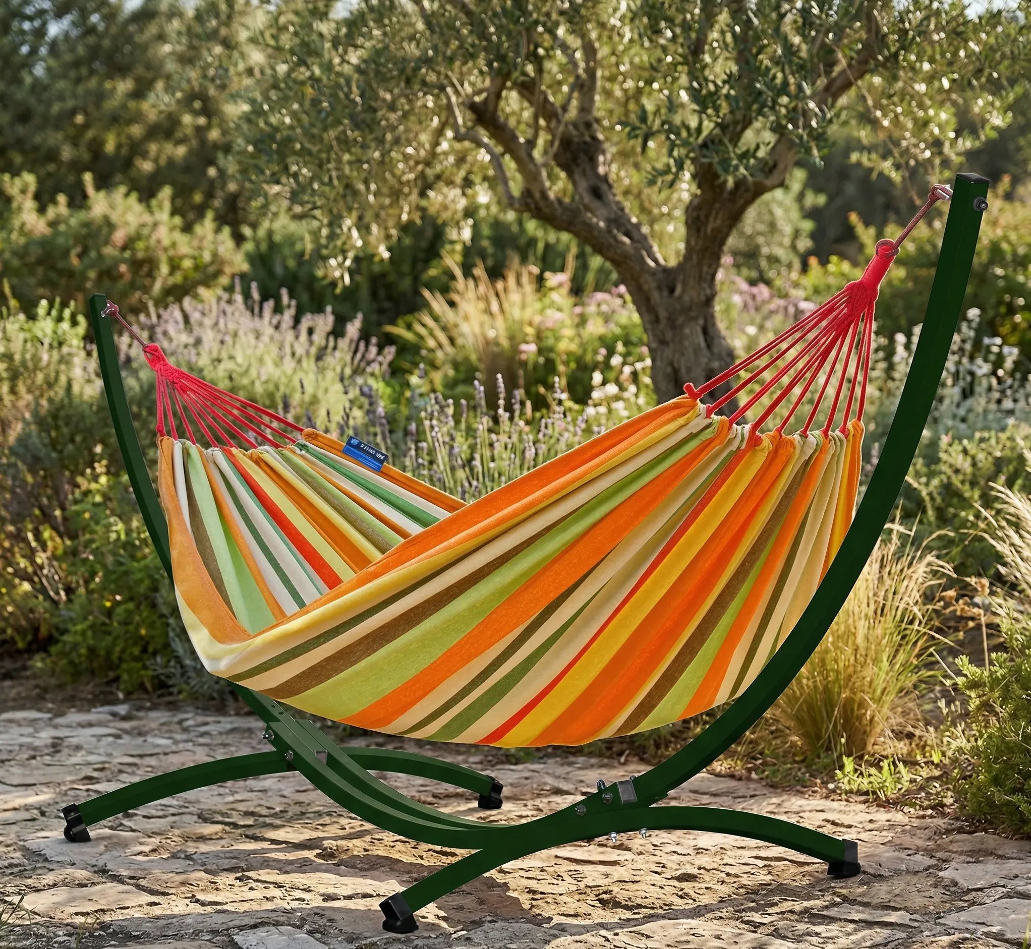 Vue de profil d'un hamac complet avec support courbé en arc acier vert forêt et une large toile en coton haute densité aux rayures dégradées orange, jaune et terracotta, sur fond blanc épuré