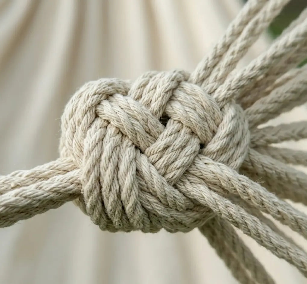 Gros plan sur les finitions artisanales et les cordes de suspension en coton écru naturel d'un hamac brésilien haut de gamme.