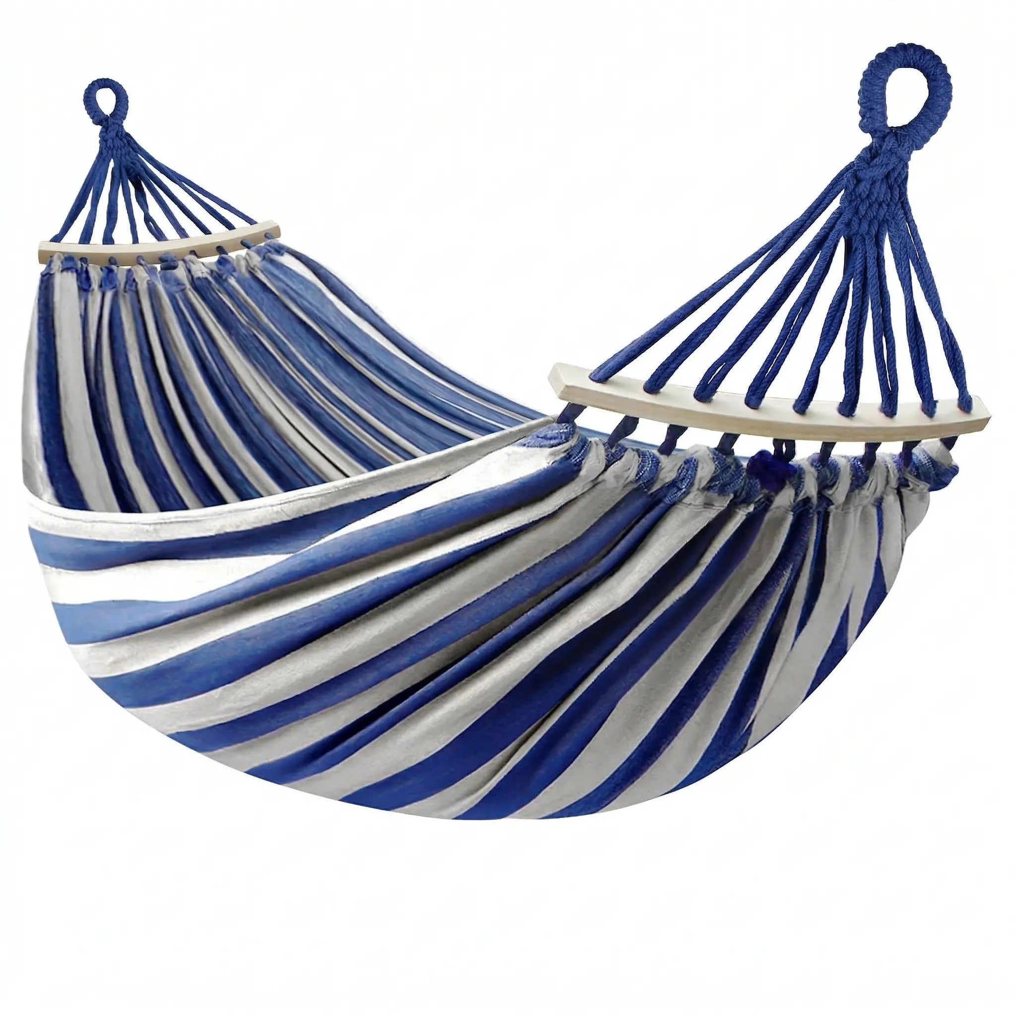 Hamac de jardin XL en toile de coton rayée bleu marine et blanc, avec barres d'écartement en bois et cordes de fixation.