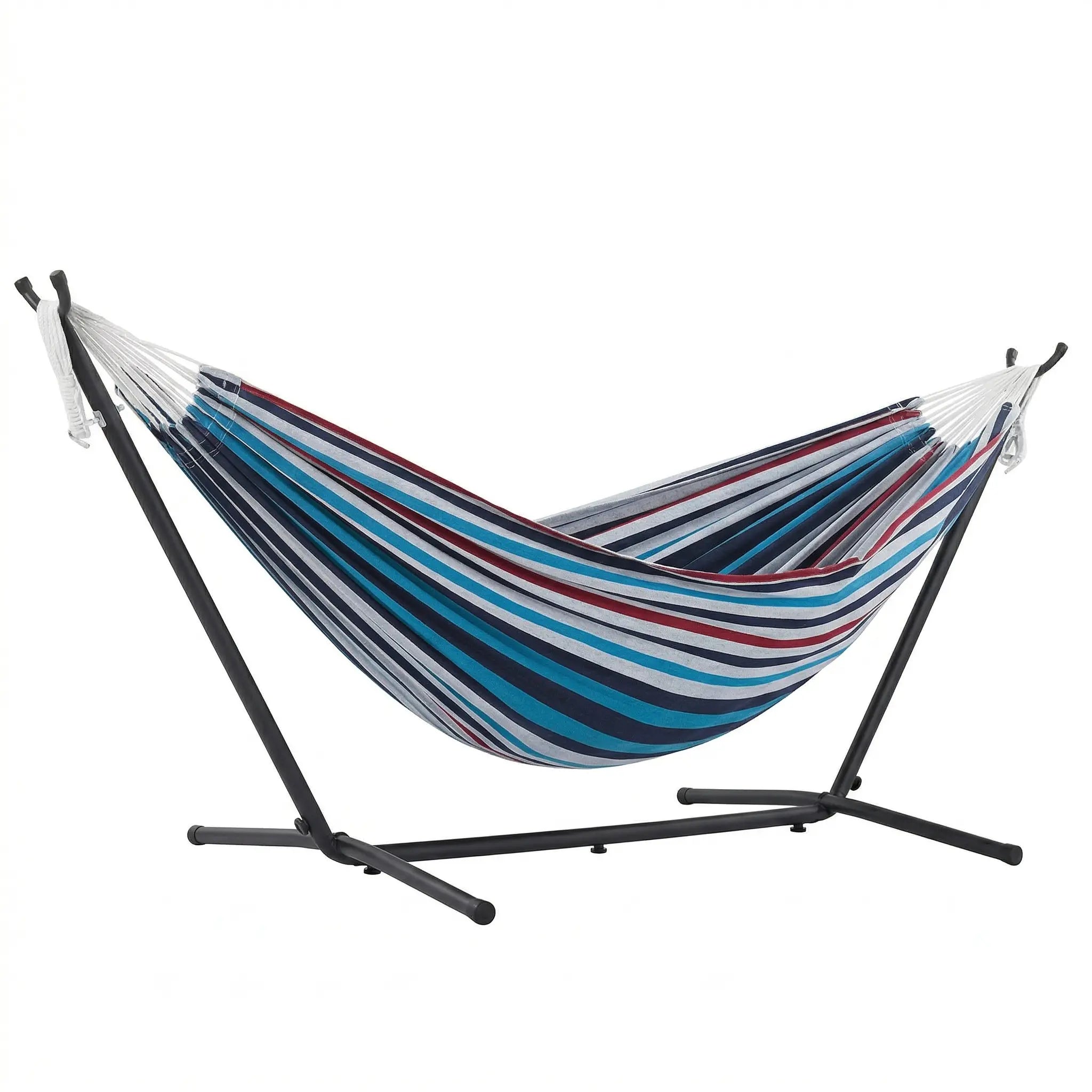 Vue de profil d'un hamac autoportant avec maillage serré en coton tricolore et structure de maintien en acier