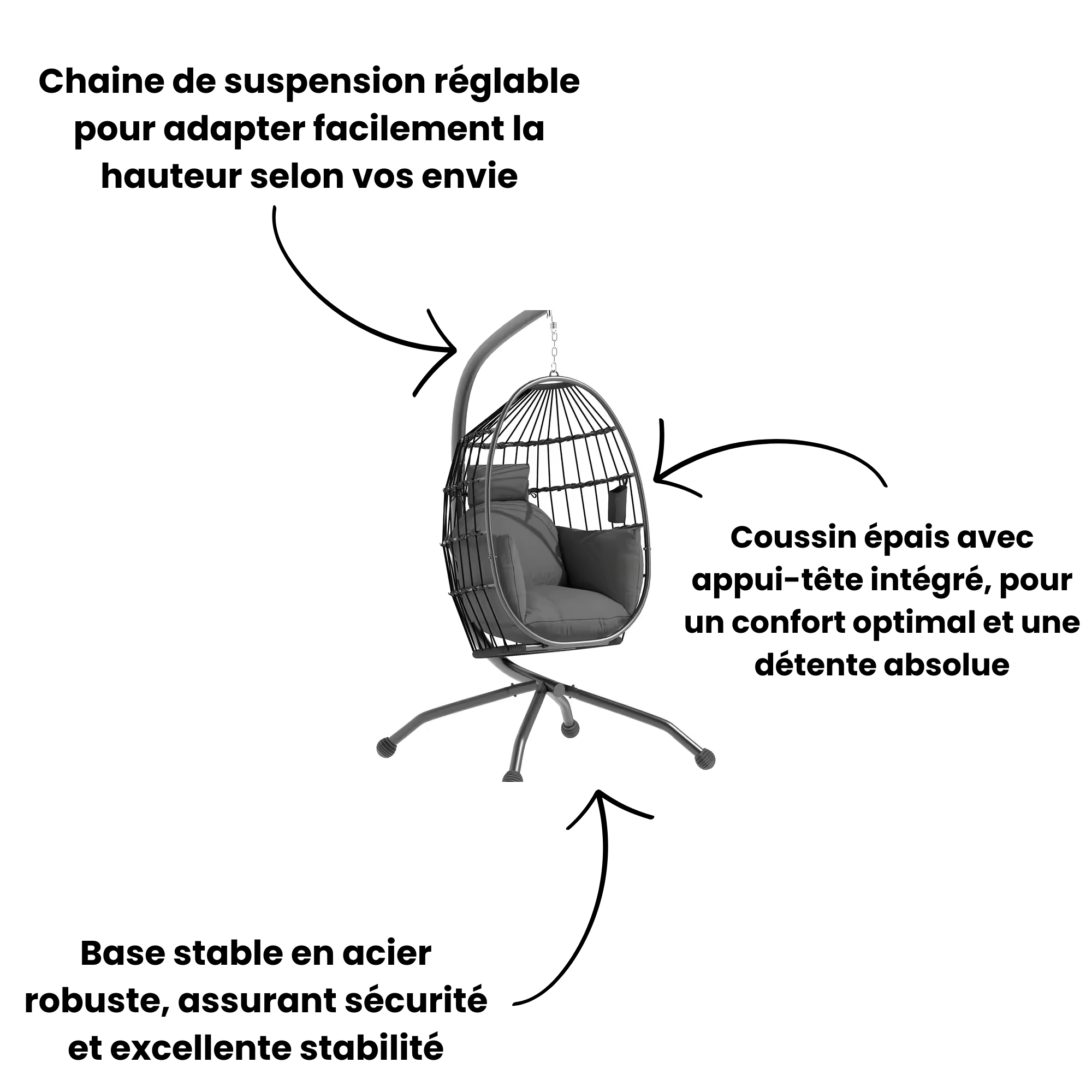 Fauteuil suspendu œuf avec support et coussin