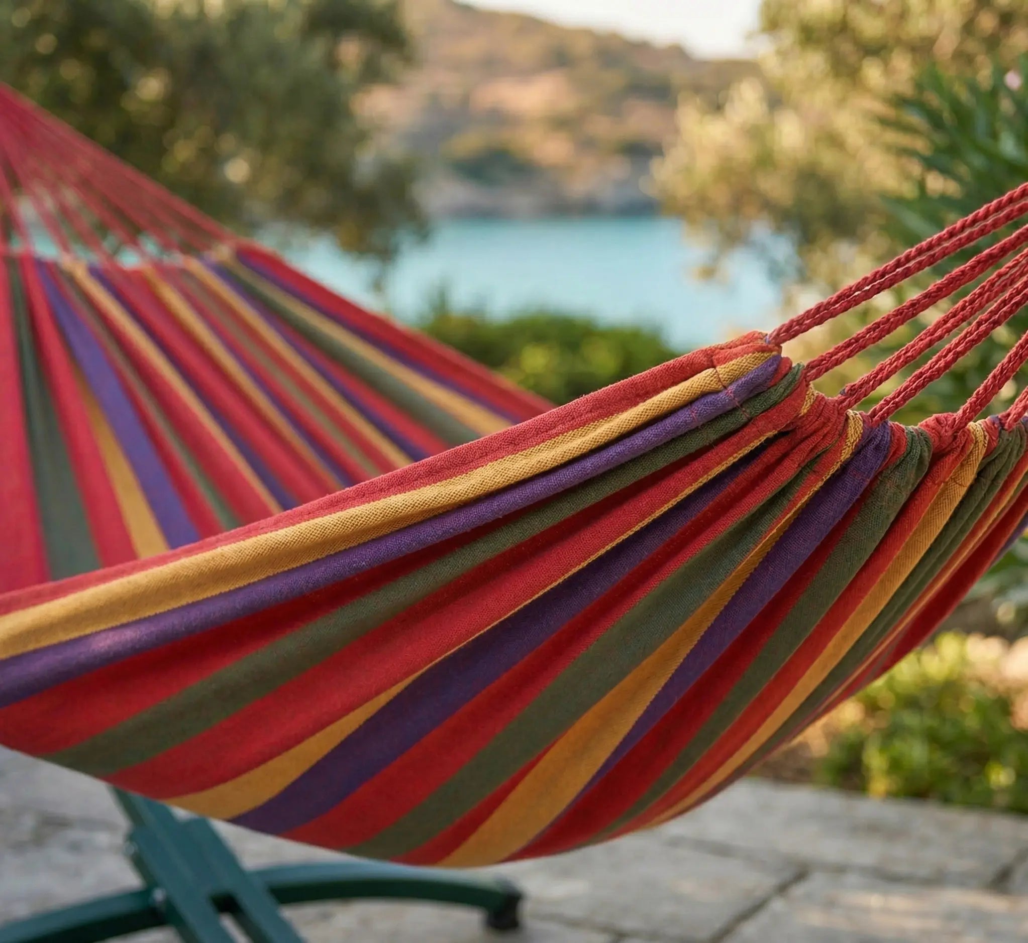 Vue rapprochée d'un hamac en coton rayé multicolore installé sur son support en acier vert forêt avec une vue panoramique sur la mer et un jardin ensoleillé