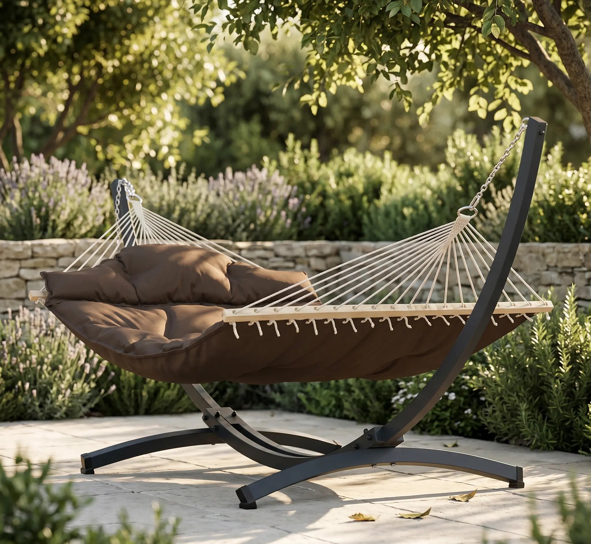 Vue de face d'une chaise hamac suspendue en tissu de coton tissé épais de couleur rouge bordeaux. Le tissu robuste est orné de longues franges tressées assorties le long du pourtour inférieur. La chaise est suspendue par un assemblage de cordes blanches en macramé avec des détails de perles en bois, reliées à une barre d'écartement en bois brut et un mousqueton métallique. Isolé sur un fond blanc pour un rendu produit clair et détaillé.