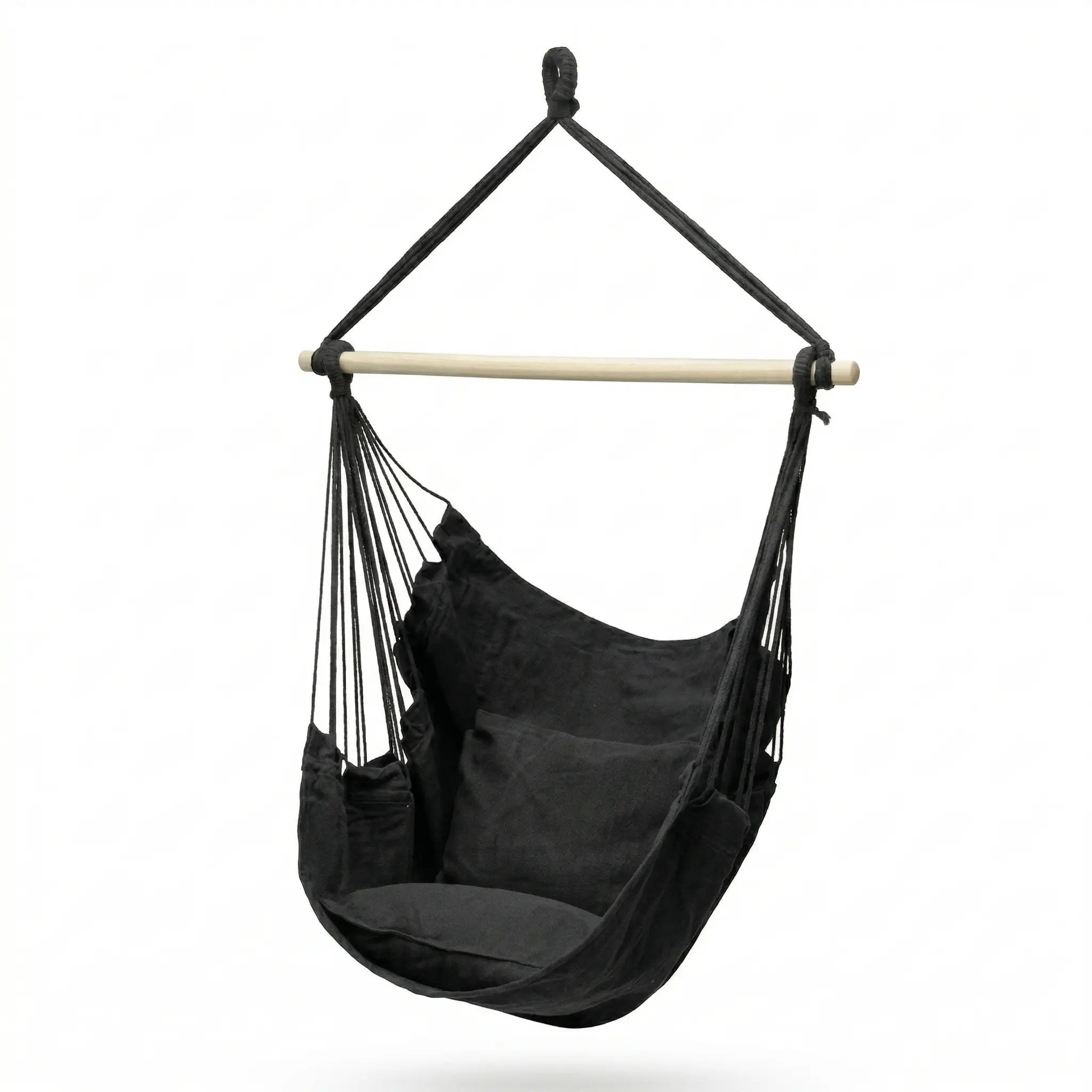 Fauteuil suspendu noir anthracite en toile avec deux coussins et barre d'écartement en bois clair, détouré sur fond blanc épuré.