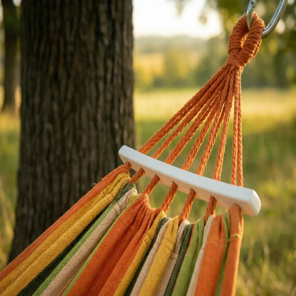 Gros plan sur le tissage serré et les cordes de suspension blanches d'un hamac aux rayures automnales orange jaune et vert.