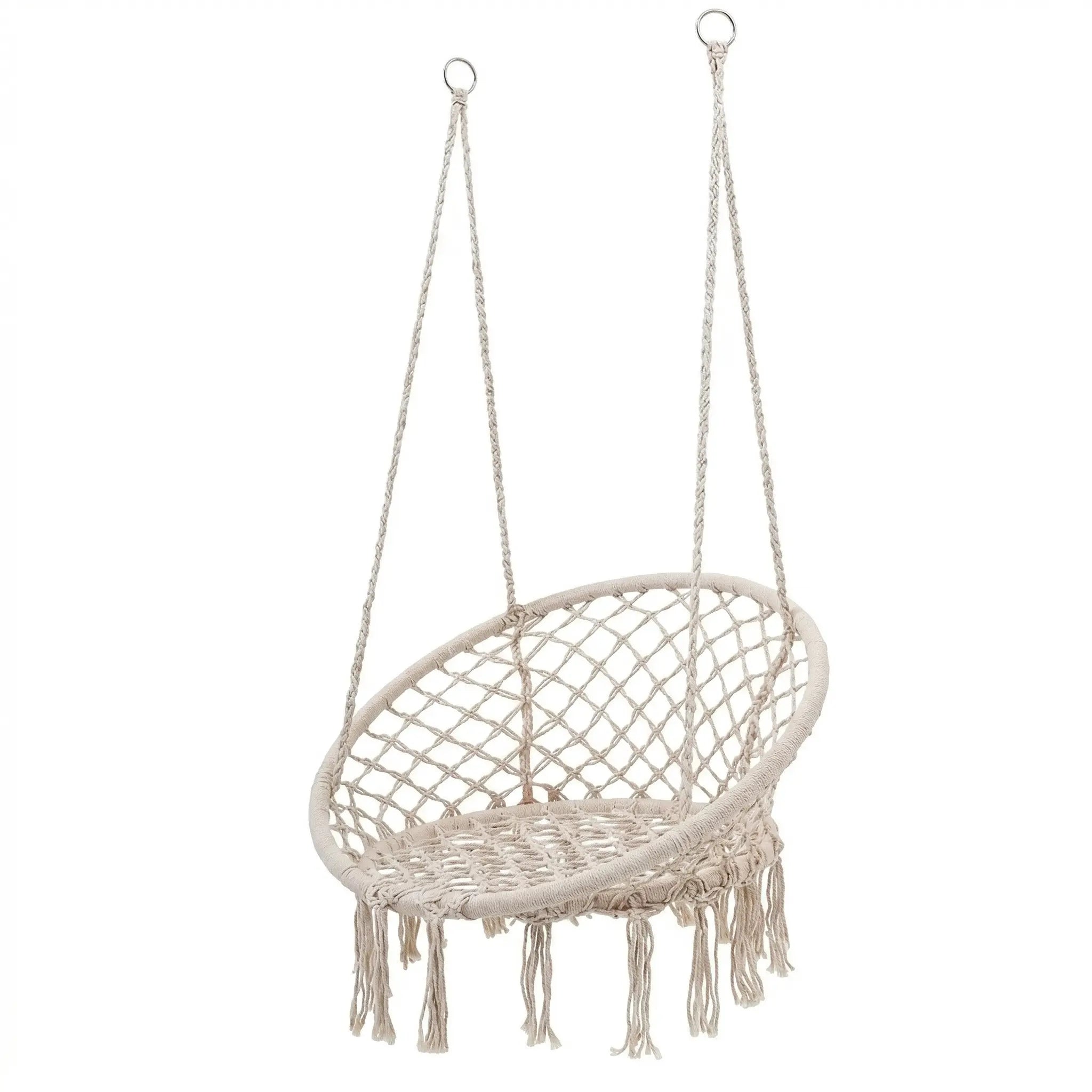 Balancelle suspendue ronde en macramé beige avec tressage en filet et franges décoratives sur fond blanc épuré.