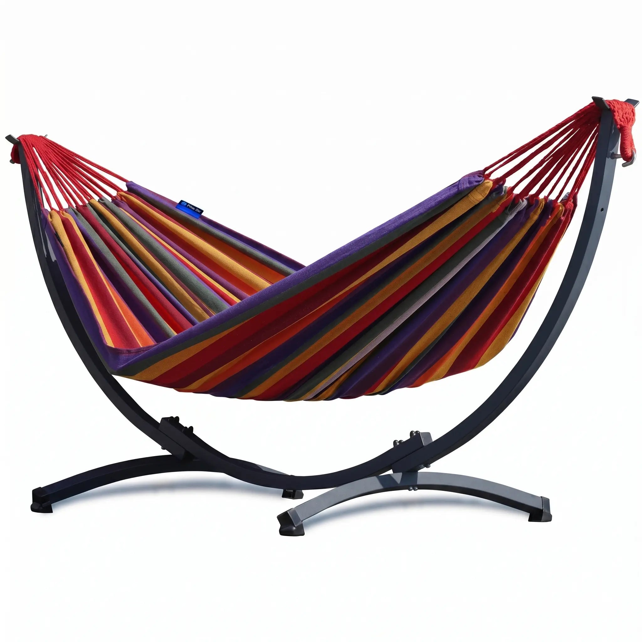 Hamac double avec support métallique noir en arc et toile de coton à rayures multicolores (rouge, orange, jaune, violet), détouré sur fond blanc pour un rendu professionnel.