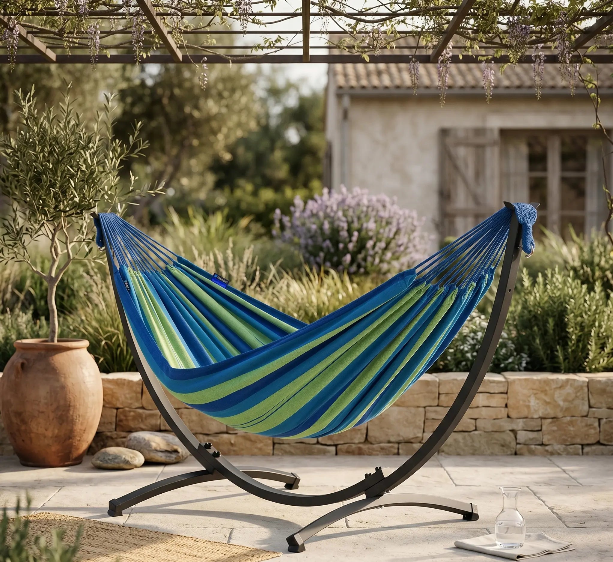 Hamac autoportant avec toile à rayures bleu turquoise et vert citron sur une structure en acier noir, installé sur une terrasse en dalles de pierre entourée d'oliviers et de lavande sous une pergola.