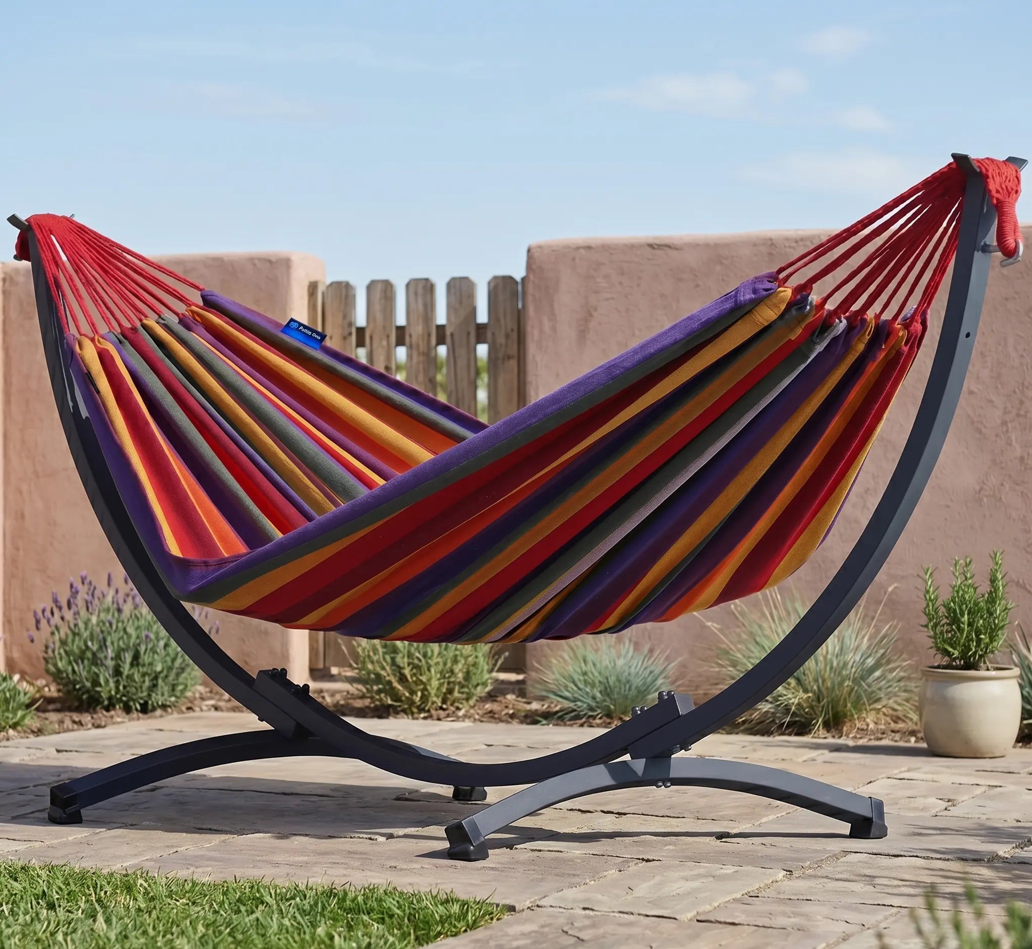 Hamac autoportant avec toile à rayures multicolores (rouge, orange, jaune, violet) sur un support métallique noir incurvé, installé sur une terrasse en dalles de pierre avec vue sur un coucher de soleil et la nature.