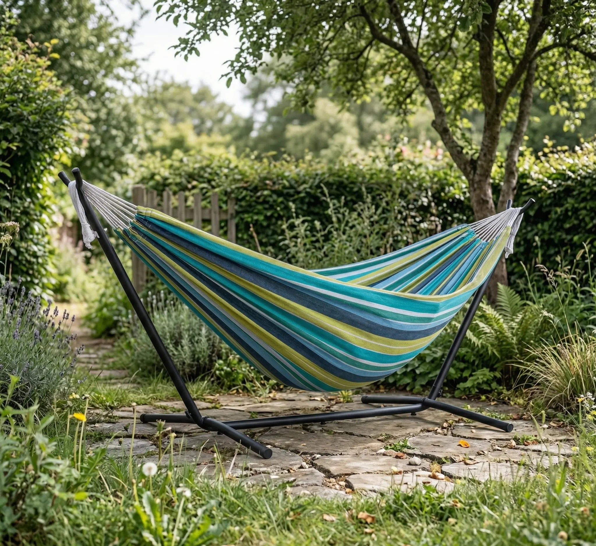 Hamac sur pied complet avec support en métal noir installé sur un chemin de pierre dans un jardin ombragé avec toile en coton rayée vert lime et bleu turquoise