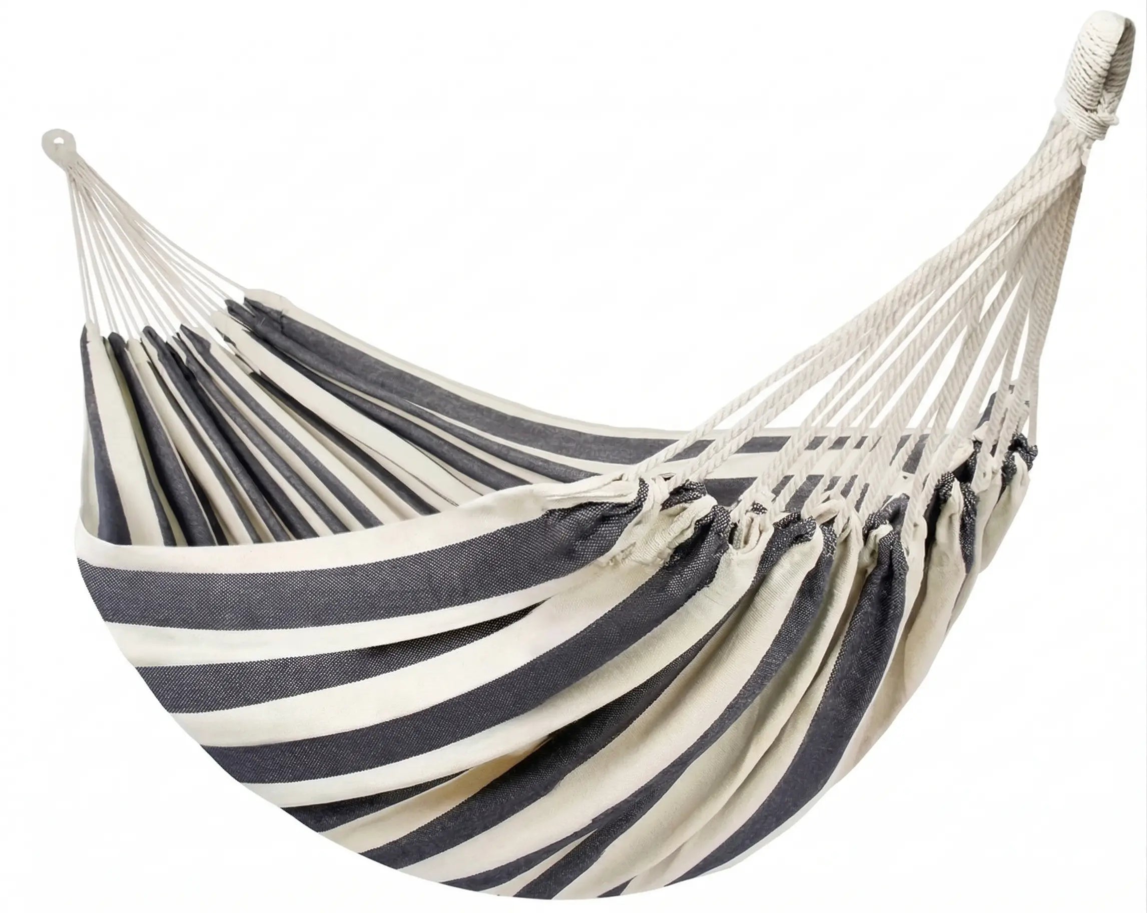 Hamac brésilien en toile de coton rayée gris anthracite et blanc cassé sans barres d'écartement.