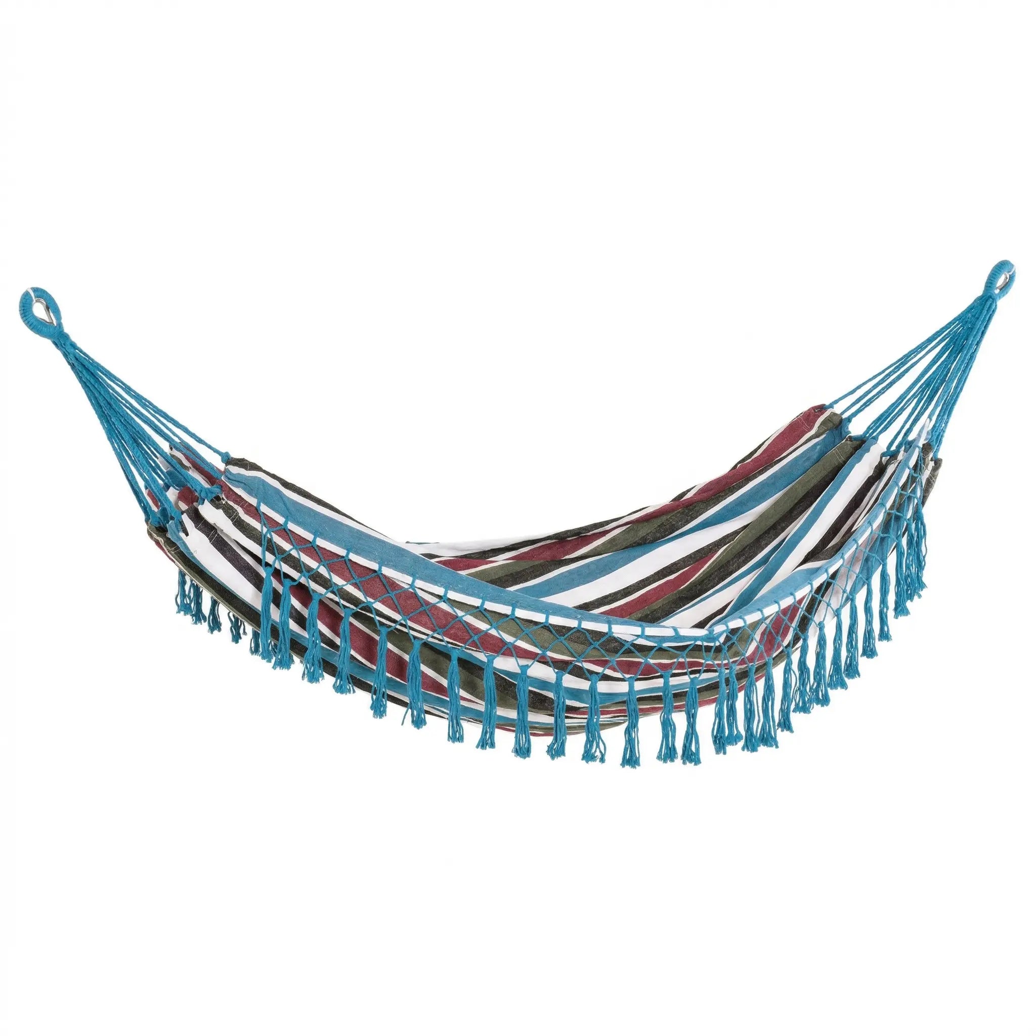 Hamac brésilien de prestige avec franges et pompons bleus, toile rayée bleu, bordeaux et blanc sur fond blanc.