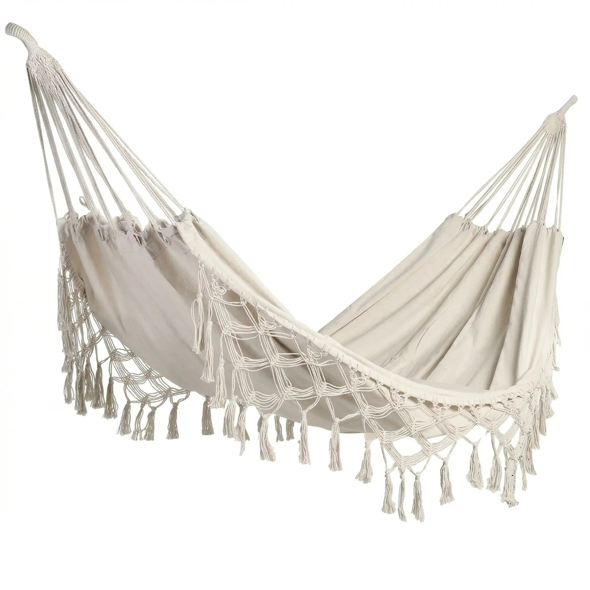 Hamac brésilien de prestige en coton écru naturel avec larges bordures en macramé et franges artisanales sur fond blanc.