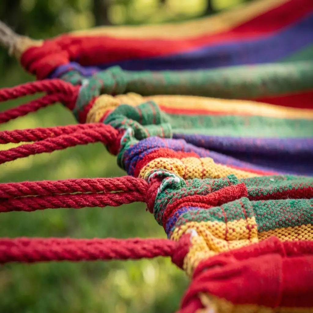 Ambiance estivale et colorée avec un hamac à rayures arc-en-ciel suspendu sur une terrasse en bois, à côté d'une piscine et d'une chaise longue.
