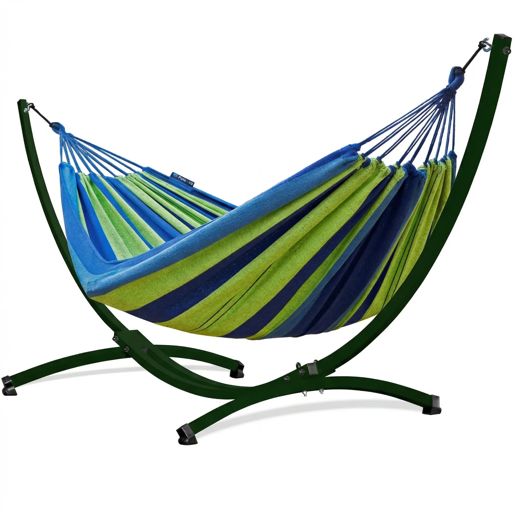 Hamac complet avec support courbé en arc vert forêt et toile en coton rayée bleu cobalt et vert citron sur fond blanc.