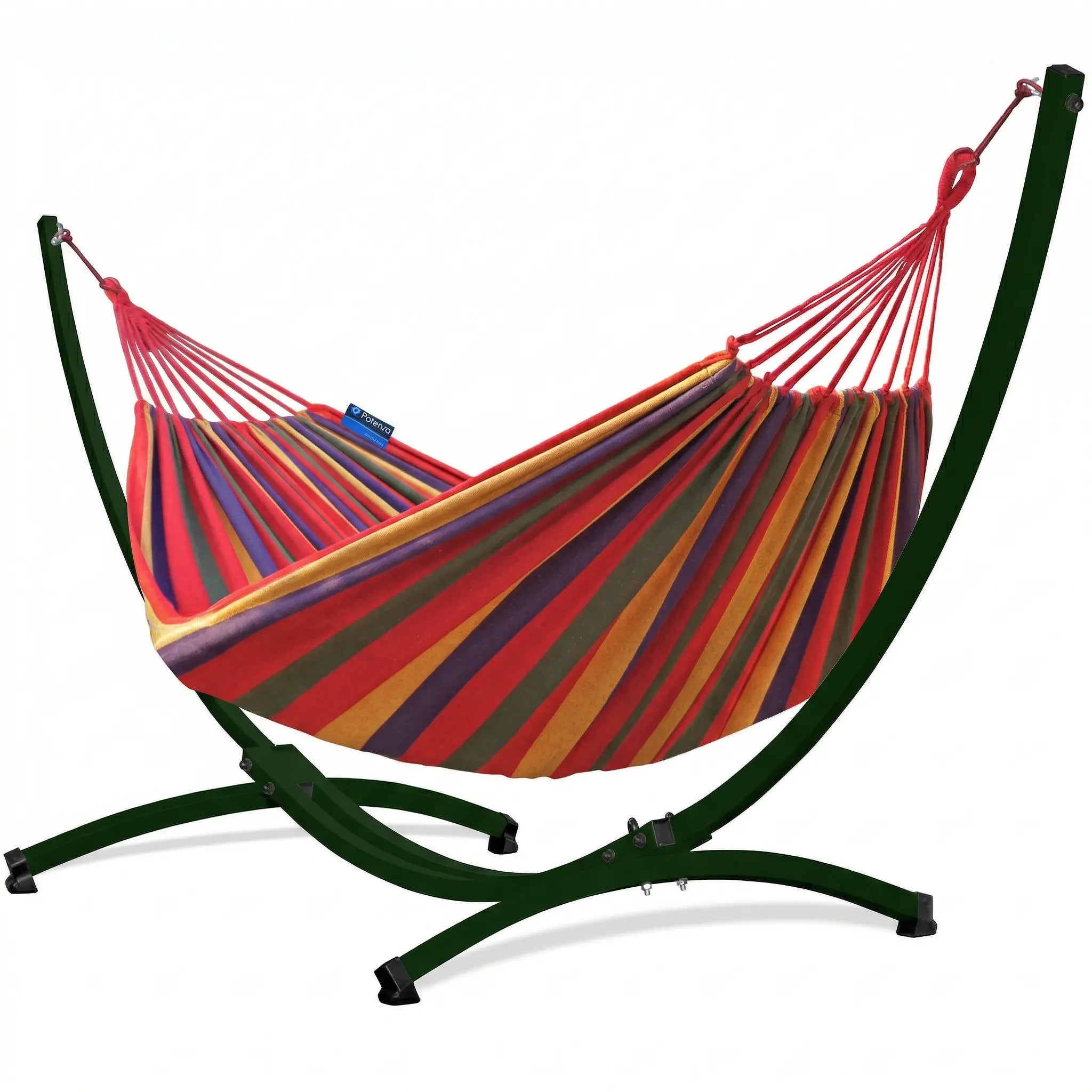 Hamac complet avec support courbé en arc vert forêt et toile en coton rayée multicolore (rouge, orange, jaune, violet) sur fond blanc épuré.