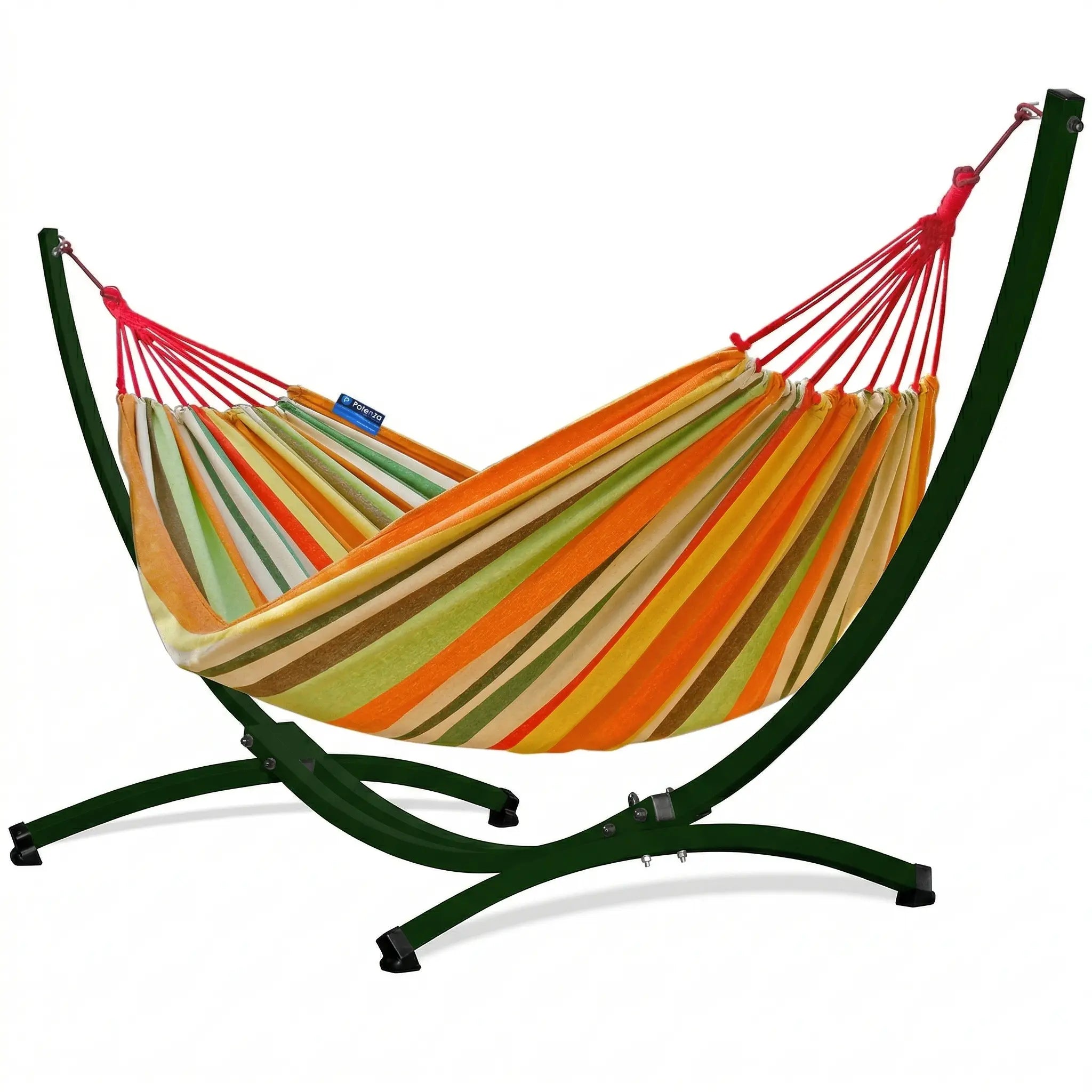 Hamac complet avec support courbé en arc vert forêt et toile en coton rayée aux tons orange, ocre et jaune sur fond blanc épuré.