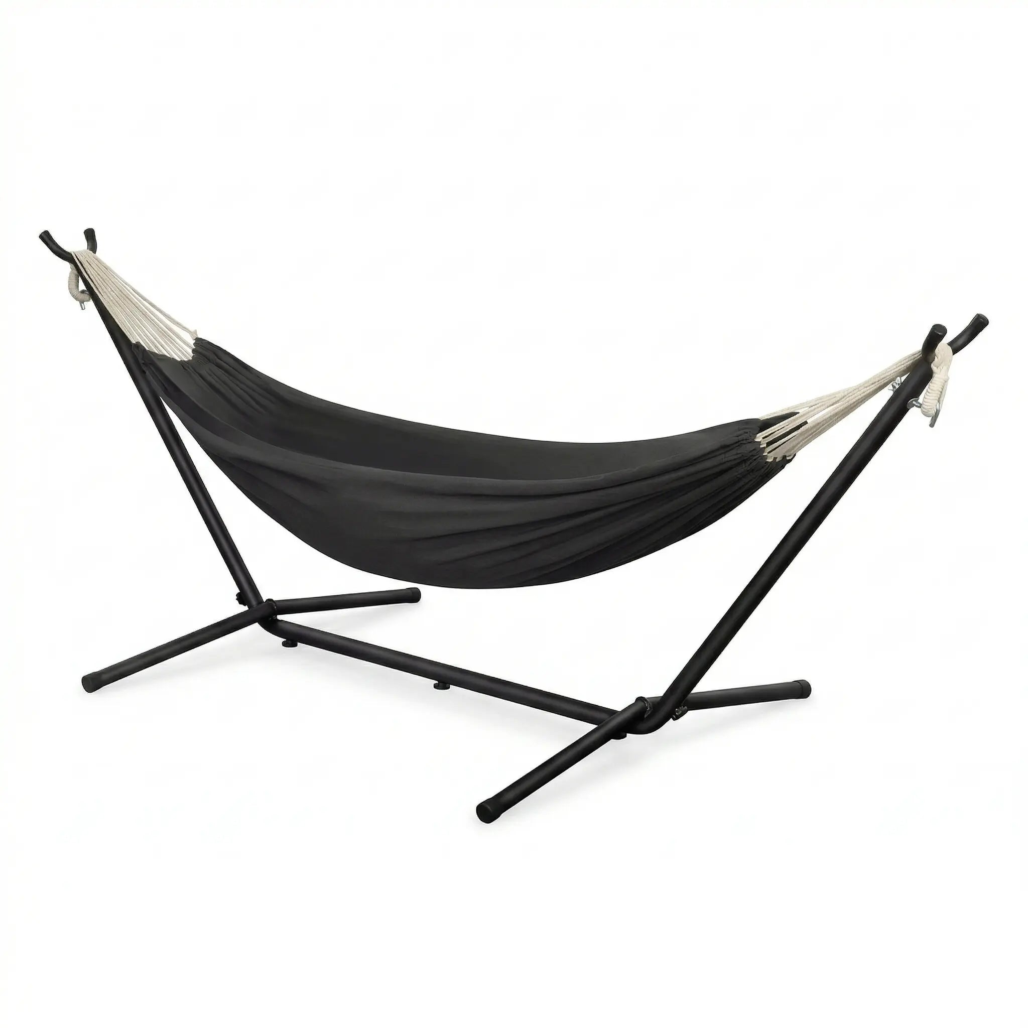 Hamac autoportant complet avec support métallique noir et toile en coton noir anthracite uni de haute densité sur fond blanc épuré.