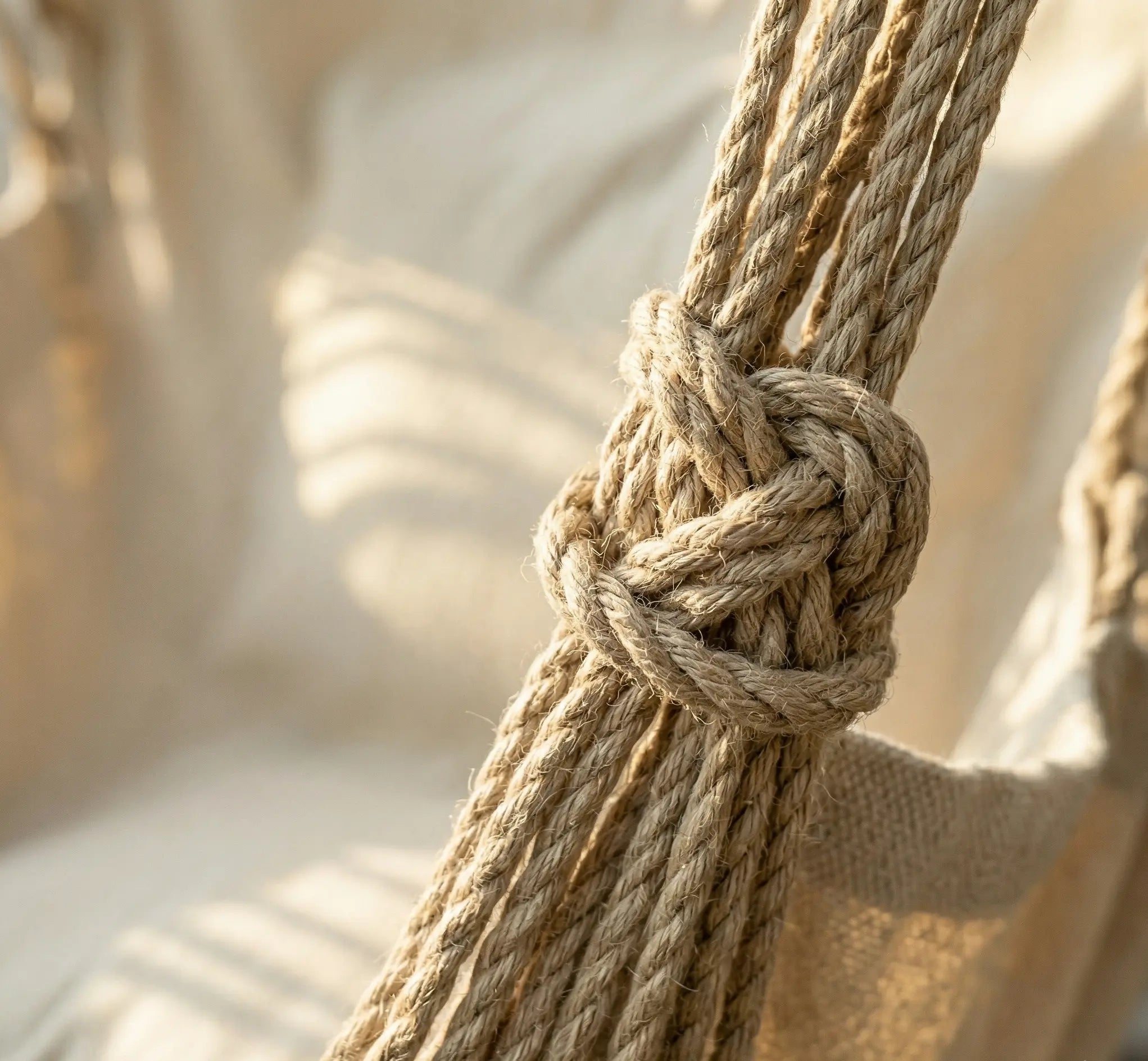 Gros plan détaillé sur un nœud marin robuste en cordage de coton beige pour la suspension d'un fauteuil hamac montrant la densité des fibres naturelles sous une lumière douce